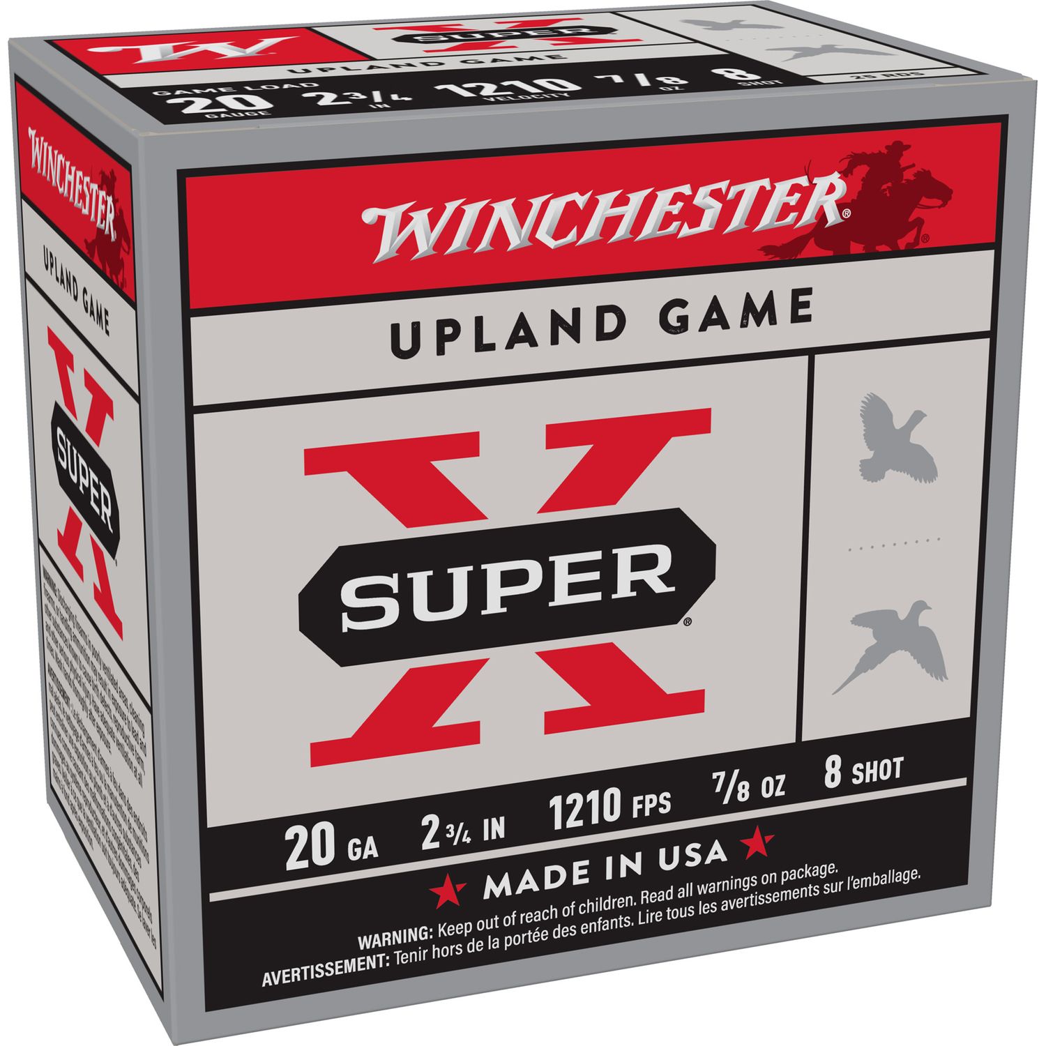 Winchester Super X Game XU208, 20 Gauge, 2-3/4", 7/8 oz, 1210 fps, #8 Lead Shot, 25 Rds/Bx