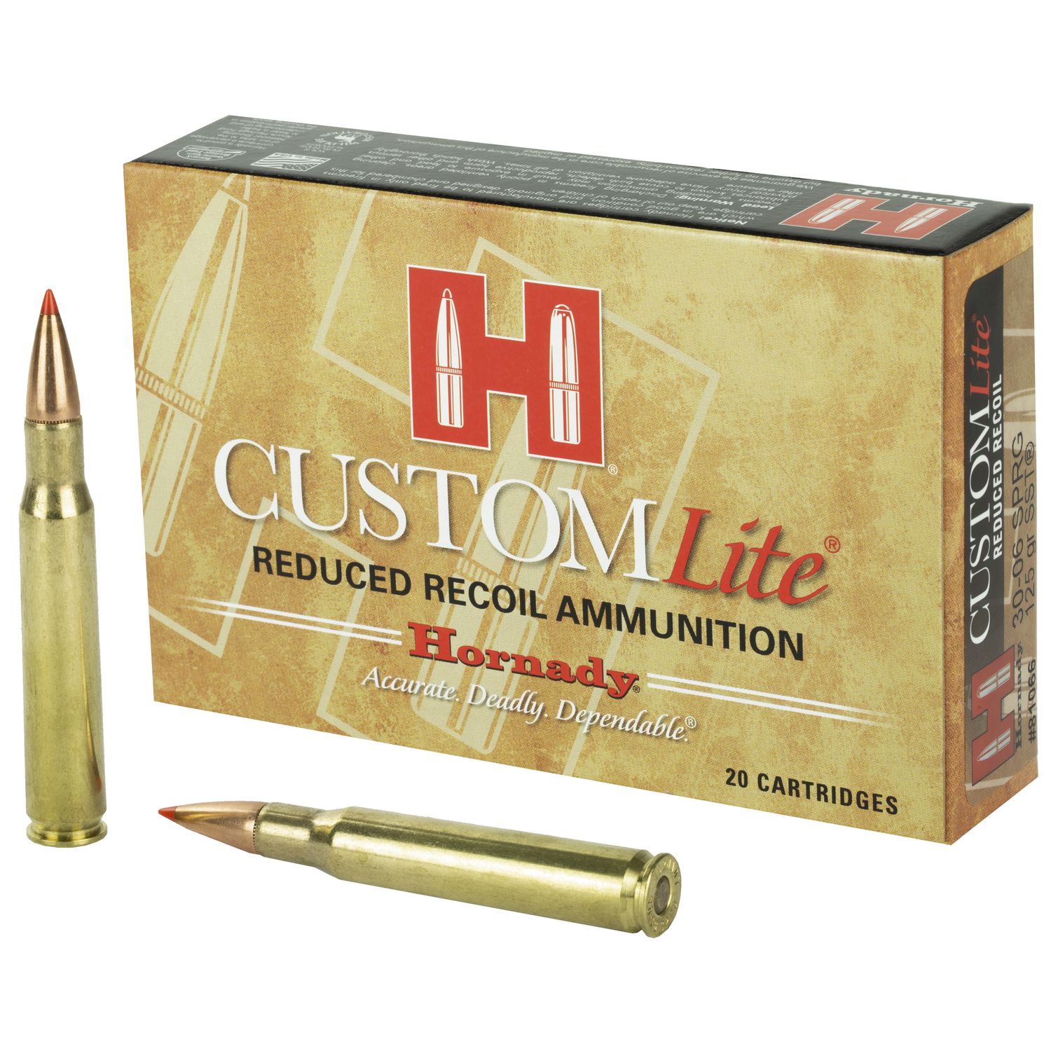 Hornady Custom Lite Rifle Ammunition 81066, 30-06 Springfield, SST, 125 GR, 2700 fps, 20 Rd/bx