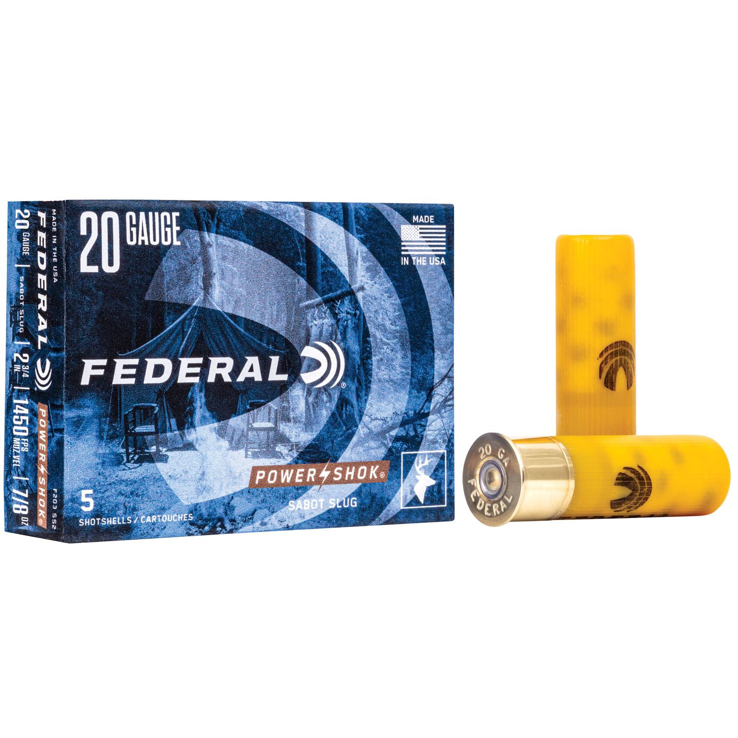 Federal Power Shok Sabot Slugs F203SS2, 20 Gauge, 2-3/4", 7/8 oz, 1450 fps, Sabot Slug, 5 Rd/bx