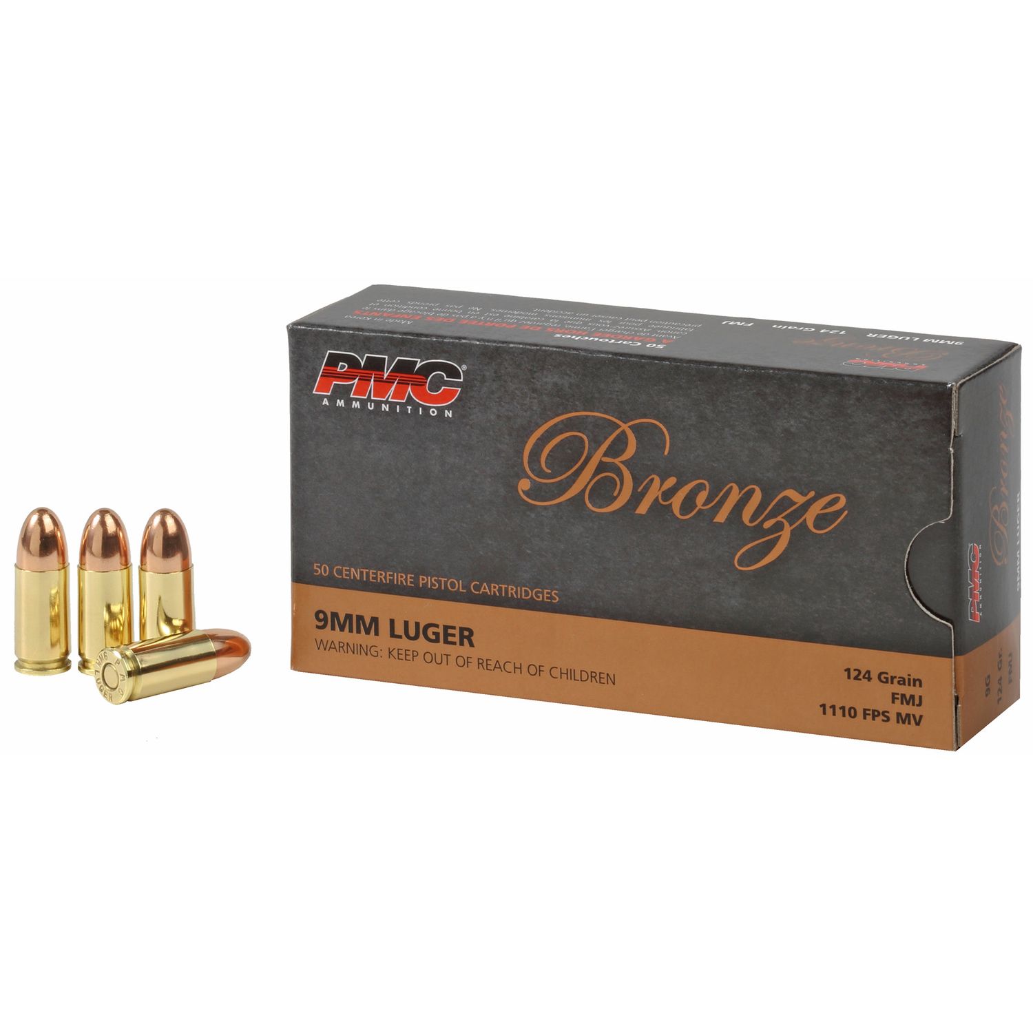 PMC Bronze Line Pistol Ammunition 9G, 9mm, Full Metal Jacket (FMJ), 124 GR, 1110 fps, 50 Rd/bx