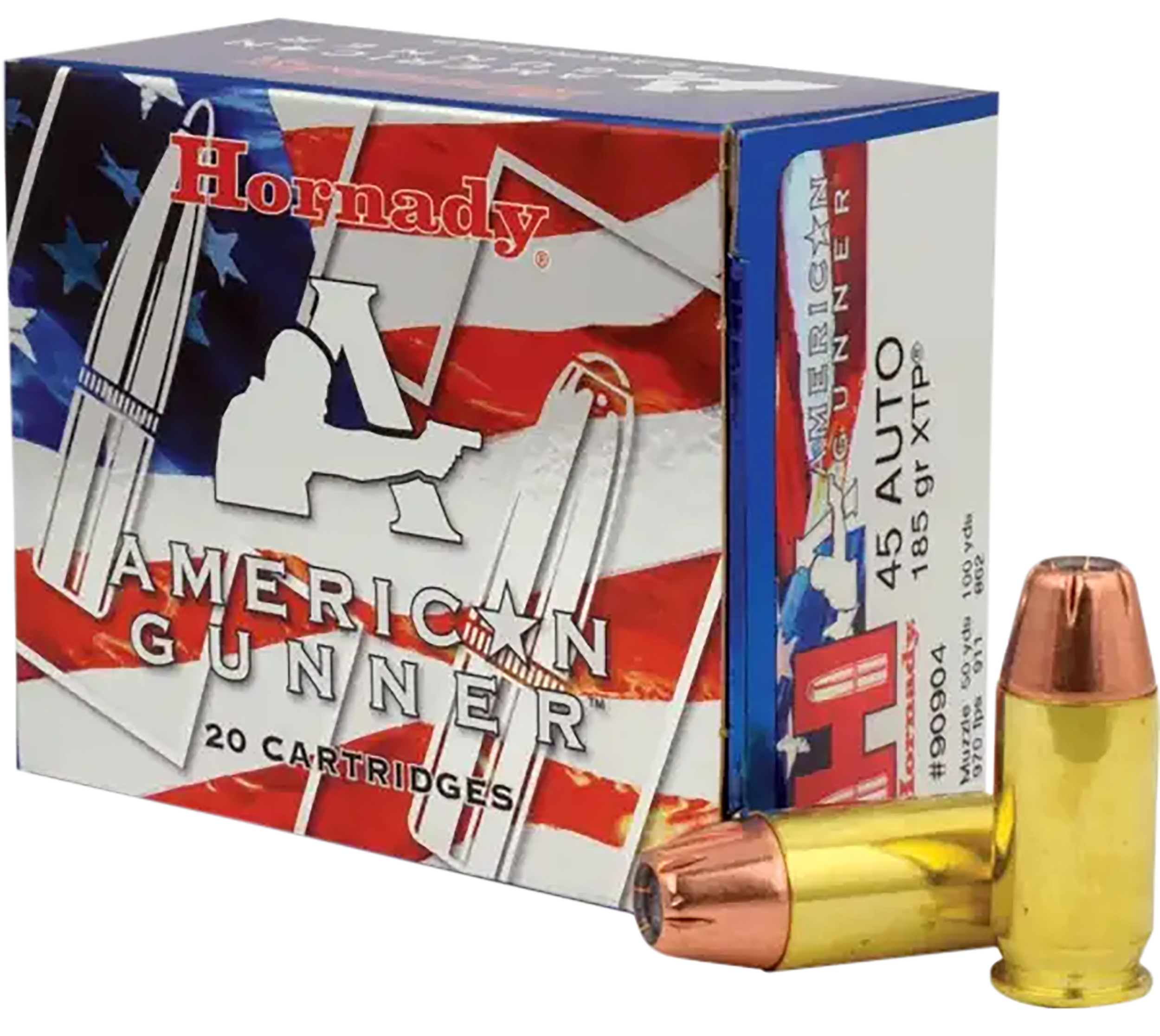Hornady American Gunner Pistol Ammunition 90904, 45 Automatic Colt Pistol (ACP), XTP, 185 GR, 970 fps, 20 Rd/bx