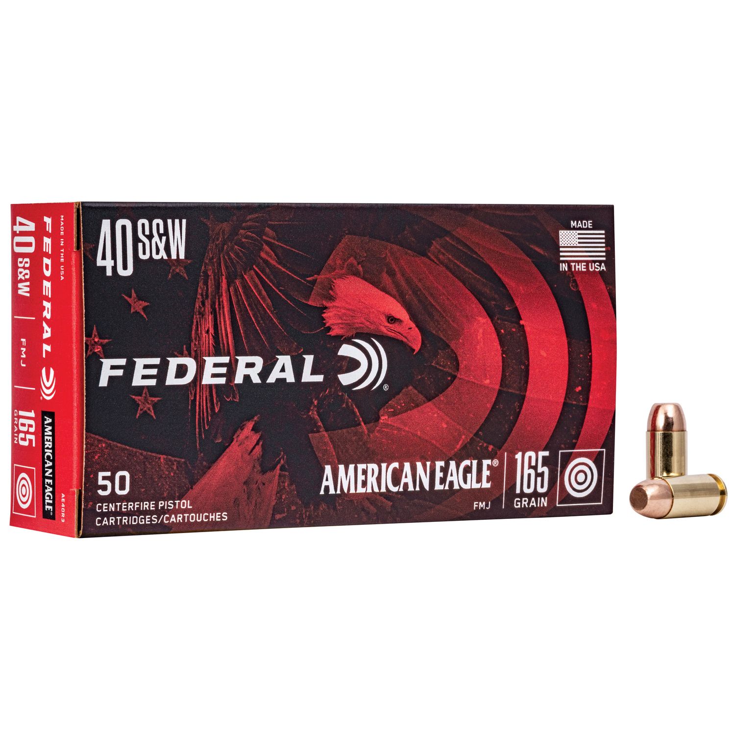 Federal American Eagle Pistol Ammunition AE40R3, 40 S&W, Full Metal Jacket (FMJ), 165 GR, 1130 fps, 50 Rd/bx