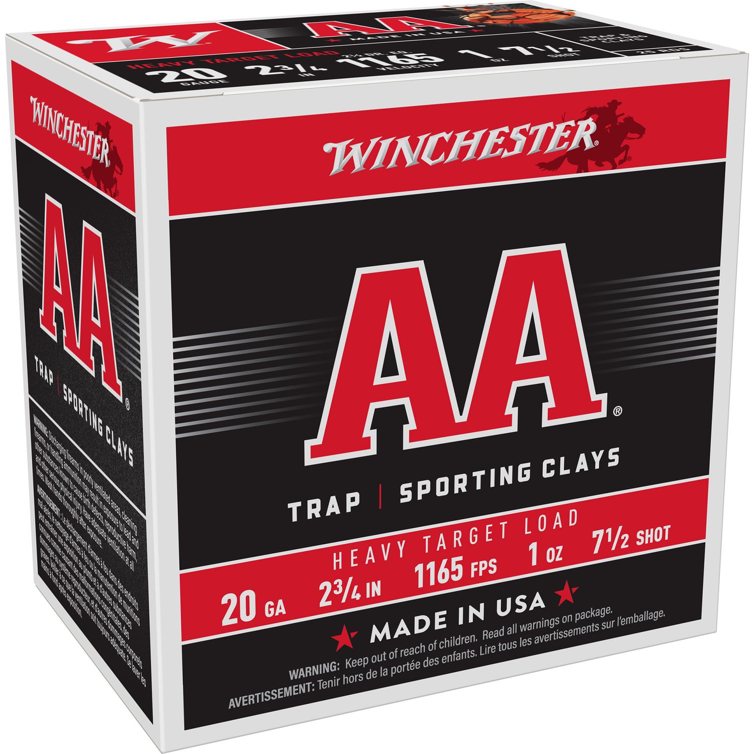 Winchester AA Target AAH207, 20 Gauge, 2-3/4", 1 oz, 1165 fps, #7.5 Lead Shot, 25 Rds/Bx