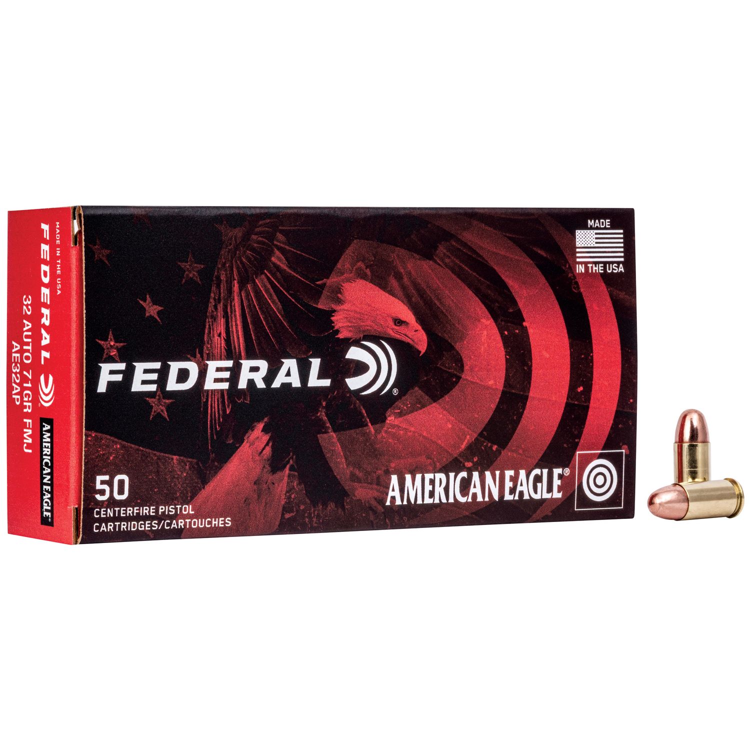 Federal American Eagle Pistol Ammunition AE32AP, 32 ACP, Full Metal Jacket (FMJ), 71 GR, 910 fps, 50 Rd/bx