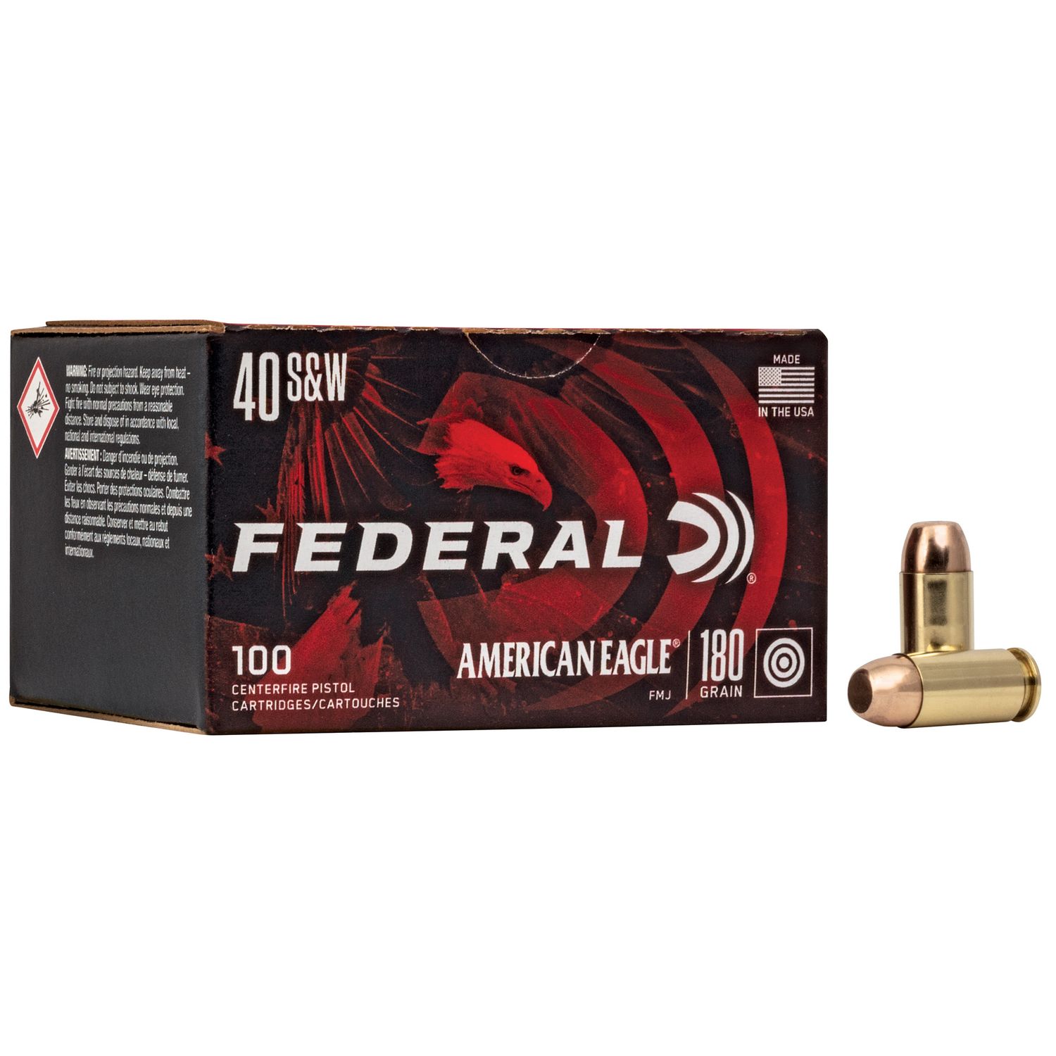 Federal American Eagle Pistol Ammunition AE40R100, 40 S&W, Full Metal Jacket (FMJ), 180 GR, 1000 fps, 100 Rd/bx