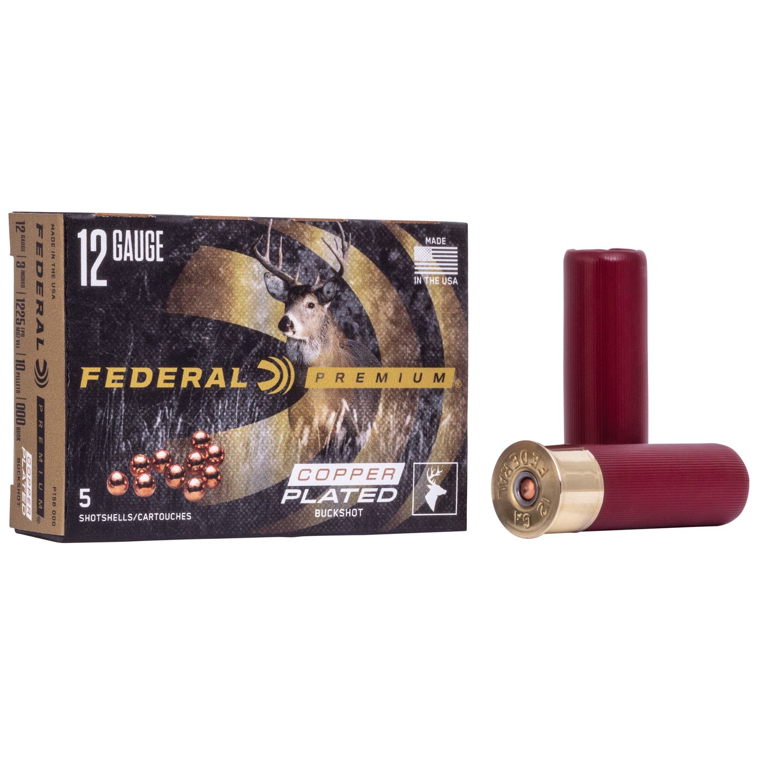 Federal Premium Vital-Shok P158, 12 Gauge, 3", 10 Pellets, 1225 fps, #000 Copper Plated Lead Buckshot, 5 Rd/bx