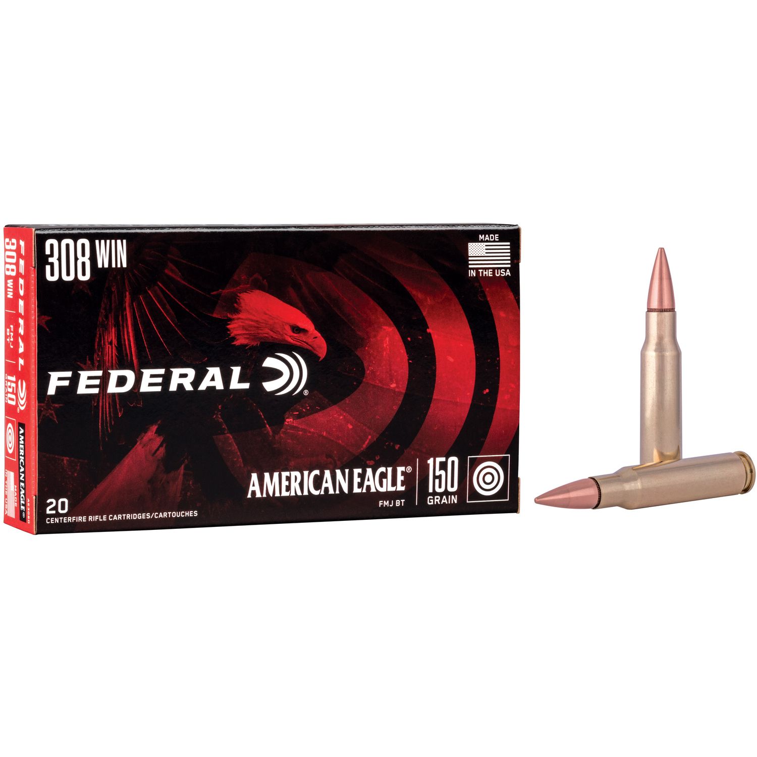 Federal American Eagle Rifle Ammunition AE308D, 308 Winchester, Metal Case Boat-Tail, 150 GR, 2820 fps, 20 Rd/bx