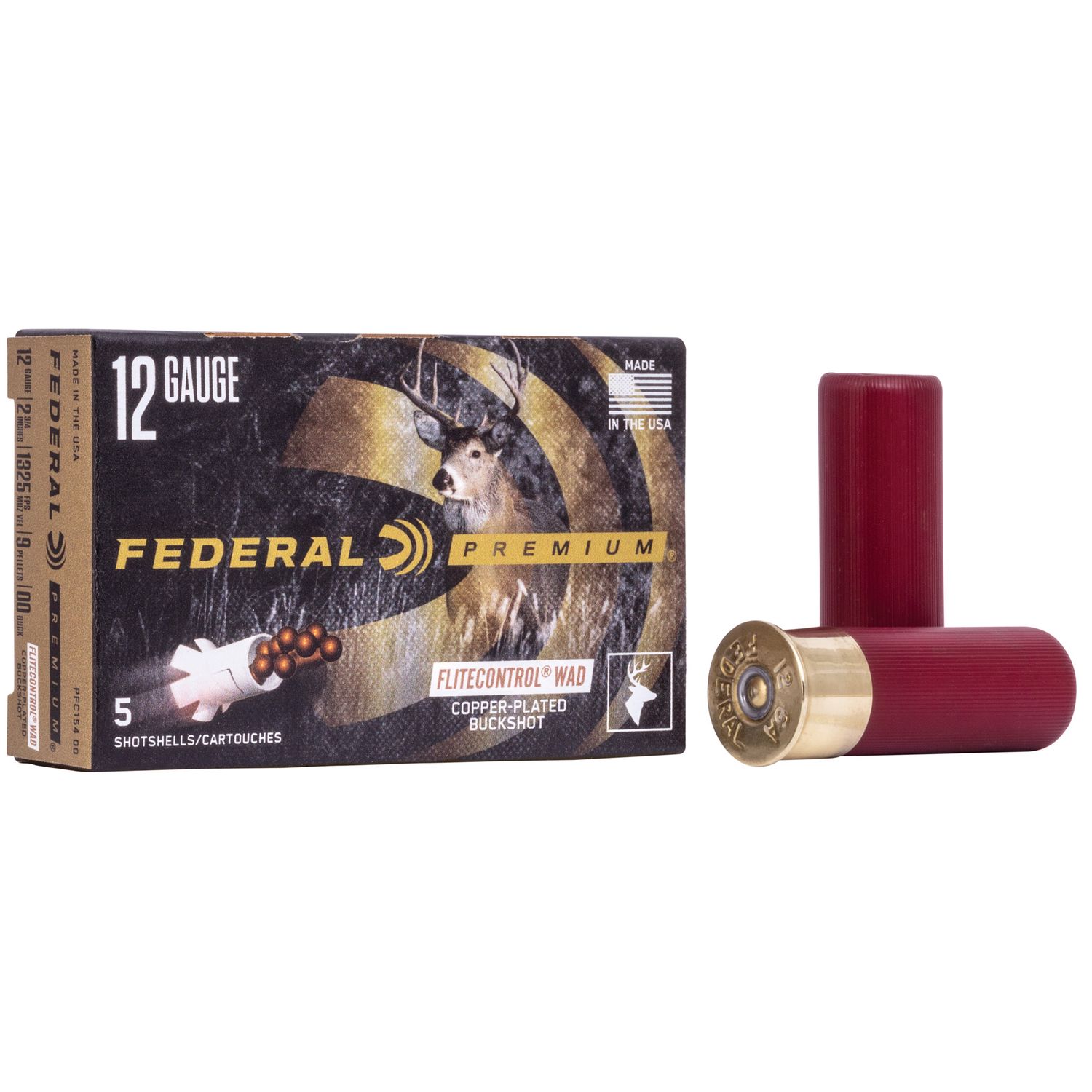 Federal Premium Vital-Shok PFC15400, 12 Gauge, 2-3/4", 9 Pellets w/Flitecontrol Wad, 1325 fps, #00 Copper Plated Lead Buckshot, 5 Rd/bx