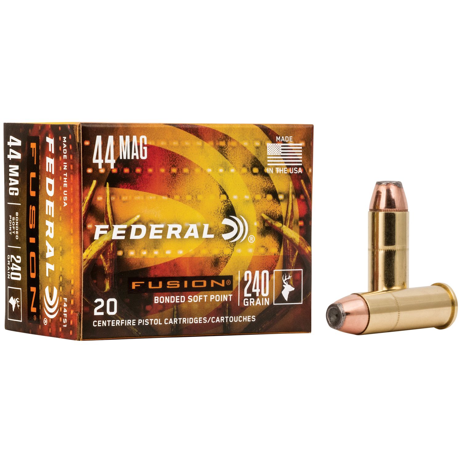 Federal Fusion Handgun Ammunition F44FS1, 44 Remington Magnum, Fusion, 240 GR, 1230 fps, 20 Rd/bx