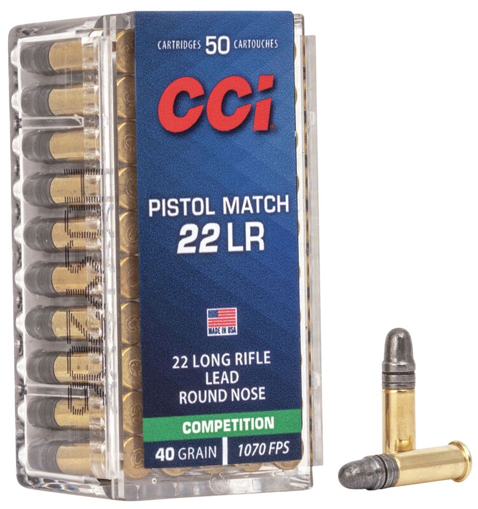 CCI Pistol Match Competition Rimfire Ammunition 0051, 22 Long Rifle, Round Nose (RN), 40 GR, 1070 fps, 50 Rd/bx