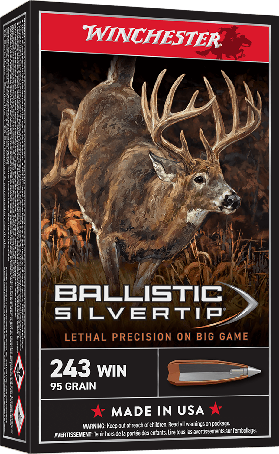 Winchester Supreme Rifle Ammunition SBST243A, 243 Winchester, Ballistic Silvertip, 95 GR, 3100 fps, 20 Rd/bx