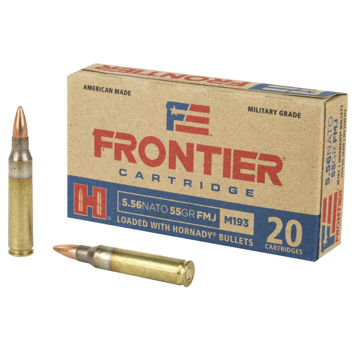 Hornady Frontier M193 Rifle Ammunition FR200, 5.56mm NATO, Full Metal Jacket (FMJ), 55 GR, 3240 fps, 20 Rds/bx