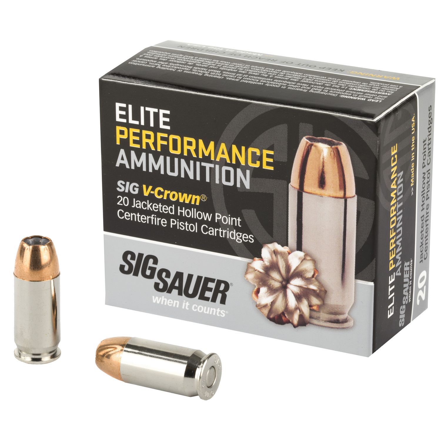 Sig Sauer Elite Performance Pistol Ammunition E45AP0, 45 ACP, JHP V-Crown, 185 GR, 995 fps, 20 Rd/bx