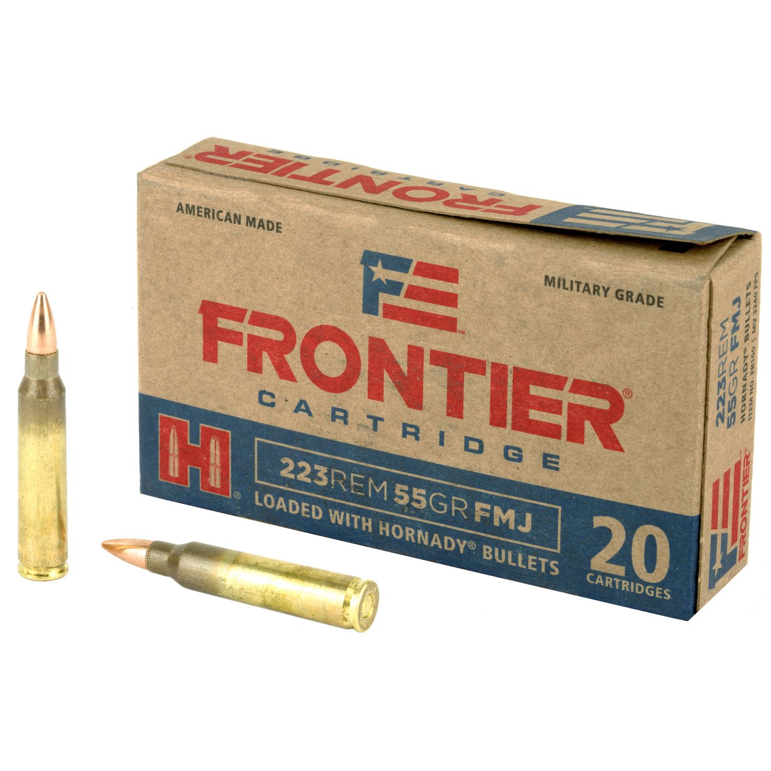 Hornady Frontier Rifle Ammunition FR100, 223 Remington, FMJ, 55 GR, 3240 fps, 20 Rds/bx