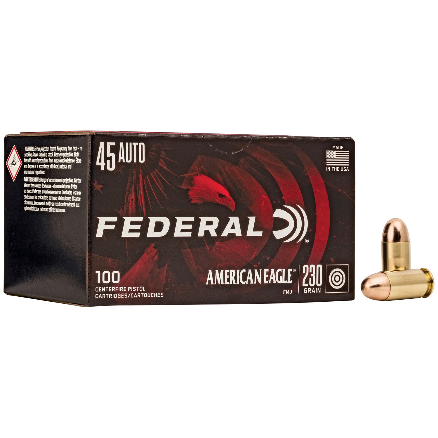 Federal American Eagle Pistol Ammunition AE45A100, 45 ACP, Full Metal Jacket (FMJ), 230 GR, 890 fps, 100 Rd/bx