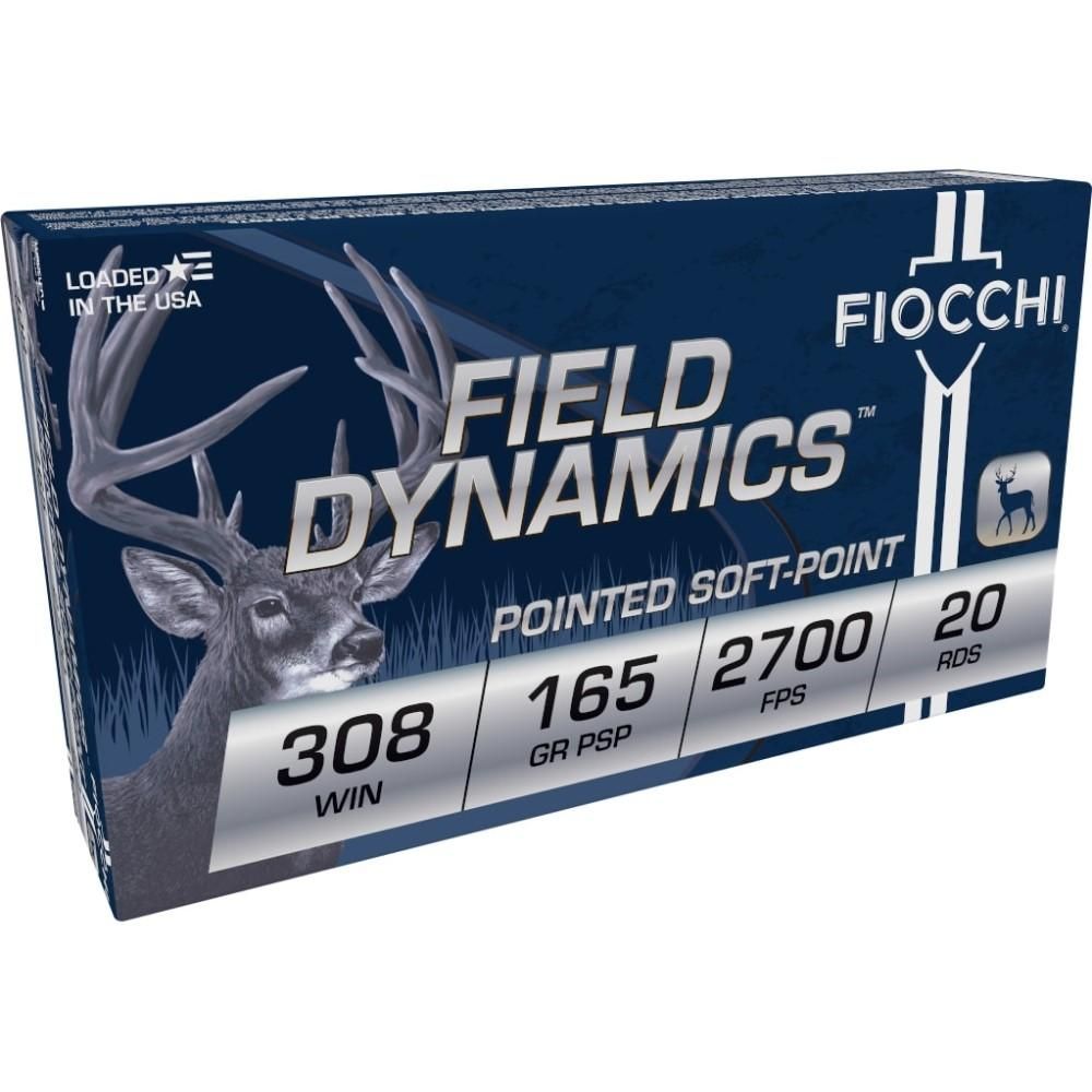 Fiocchi Shooting Dynamics Rifle Ammunition 308D, 308 Winchester (7.62 NATO), Boat Tail Soft Point (SP), 165 GR, 2800 fps, 20 Rd/bx