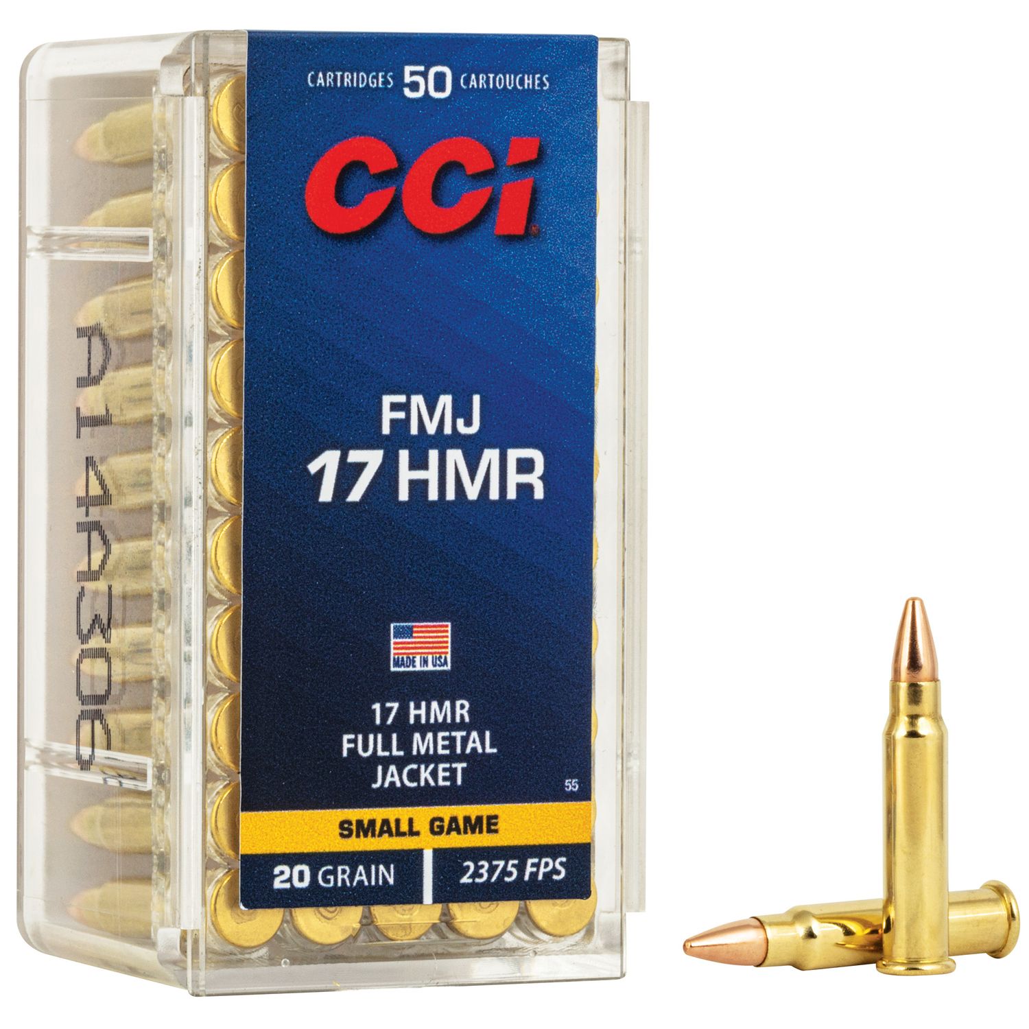 CCI HMR FMJ Small Game Rimfire Ammunition 0055, 17 HMR, Full Metal Jacket (FMJ), 20 GR, 2375 fps, 50 Rd/bx