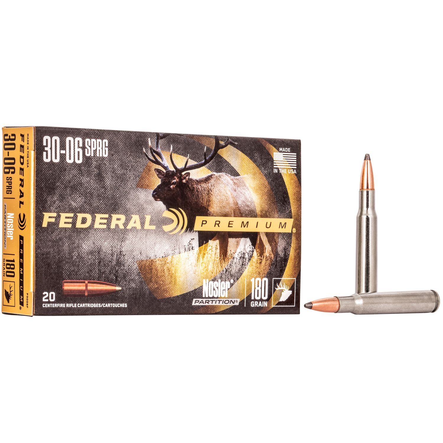 Federal Premium Vital-Shok Rifle Ammunition P3006F, 30-06 Springfield, Nosler Partition, 180 GR, 2700 fps, 20 Rd/bx