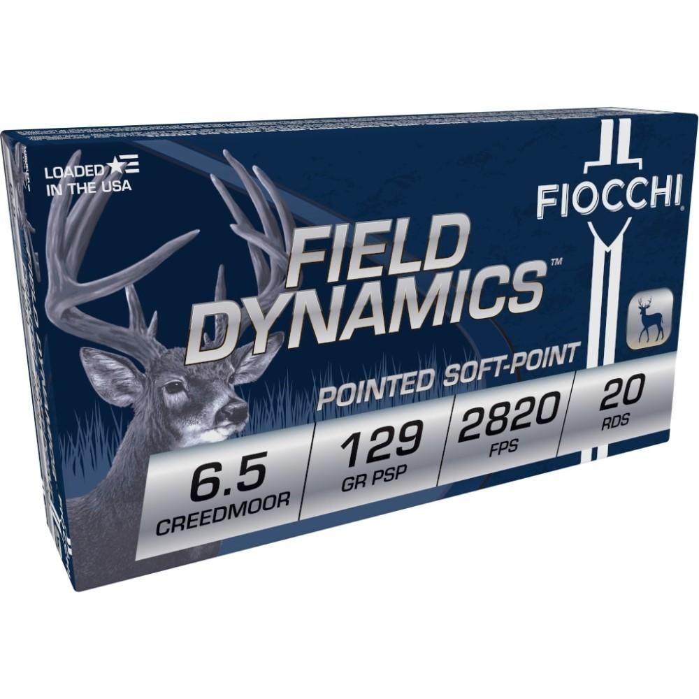 Fiocchi Field Dynamics Rifle Ammunition 65CMB, 6.5 Creedmoor, Pointed Soft Point, 129 gr, 2820 fps, 20 Rd/Bx