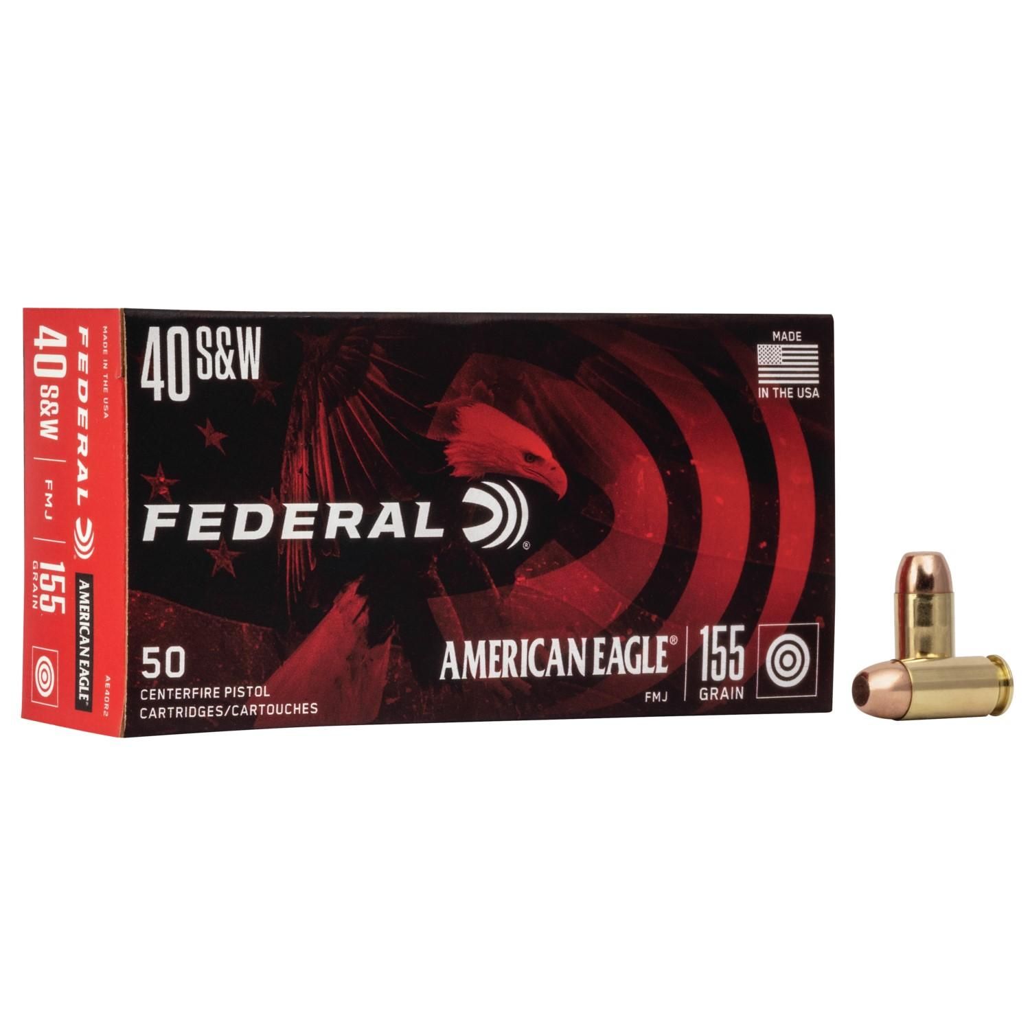 Federal American Eagle Pistol Ammunition AE40R2, 40 S&W, Full Metal Jacket (FMJ), 155 GR, 1140 fps, 50 Rd/bx