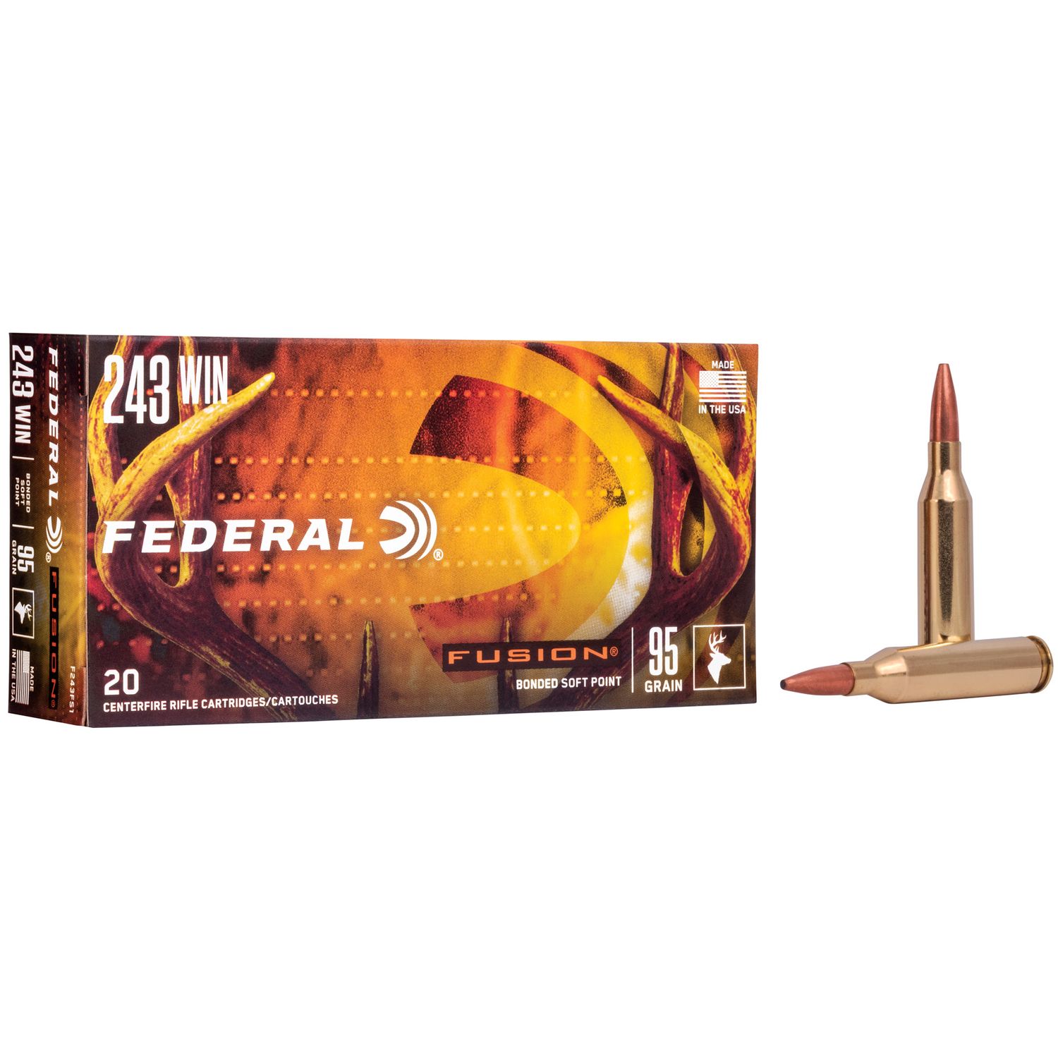 Federal Fusion Rifle Ammunition F243FS1, 243 Winchester, Fusion Ammunition, 95 GR, 2980 fps, 20 Rd/bx