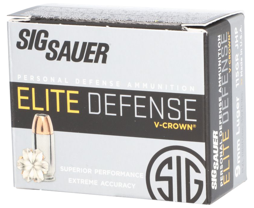 Sig Sauer Elite Performance Pistol Ammunition E9MMA1, 9mm, JHP V-Crown, 115 GR, 1185 fps, 20 Rd/bx