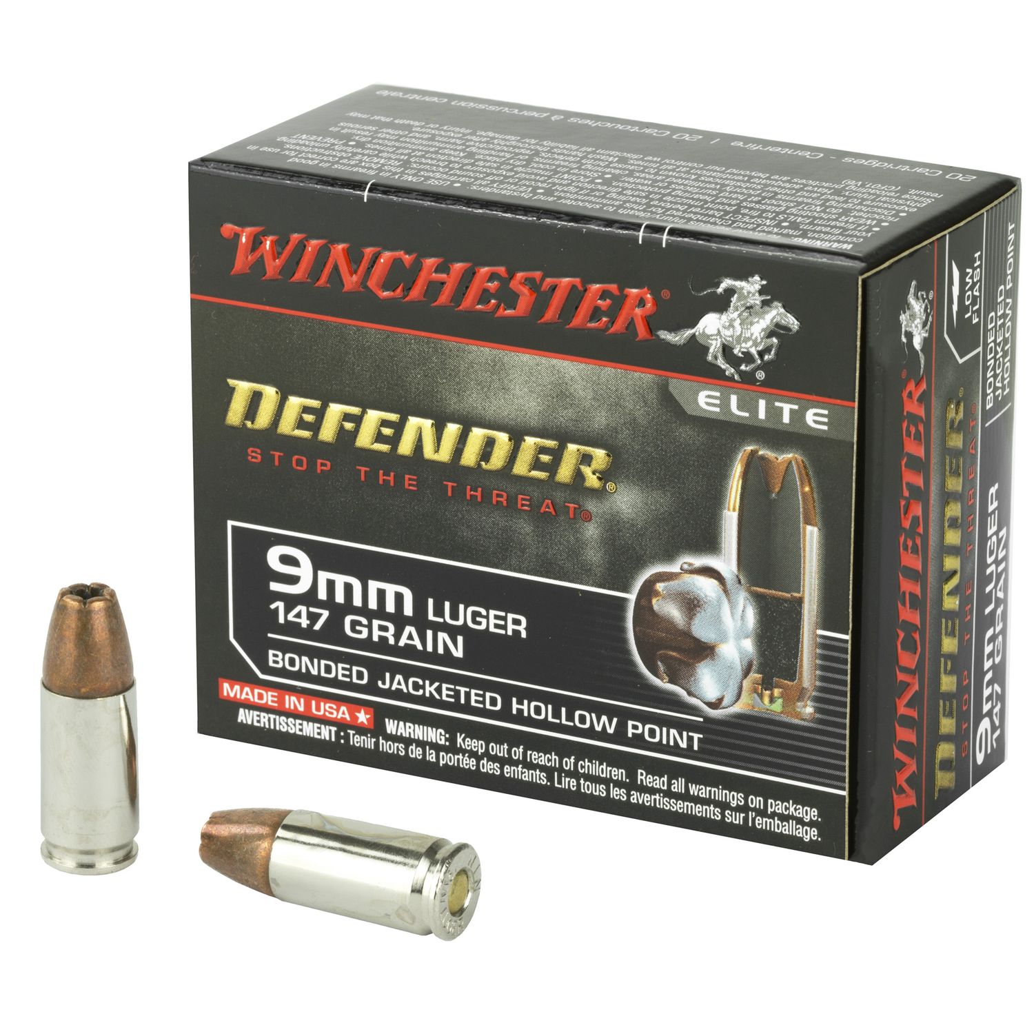 Winchester Supreme Elite Pistol Ammunition S9MMPDB1, 9mm Luger, Bonded PDX1, 147 GR, 20 Rd/bx