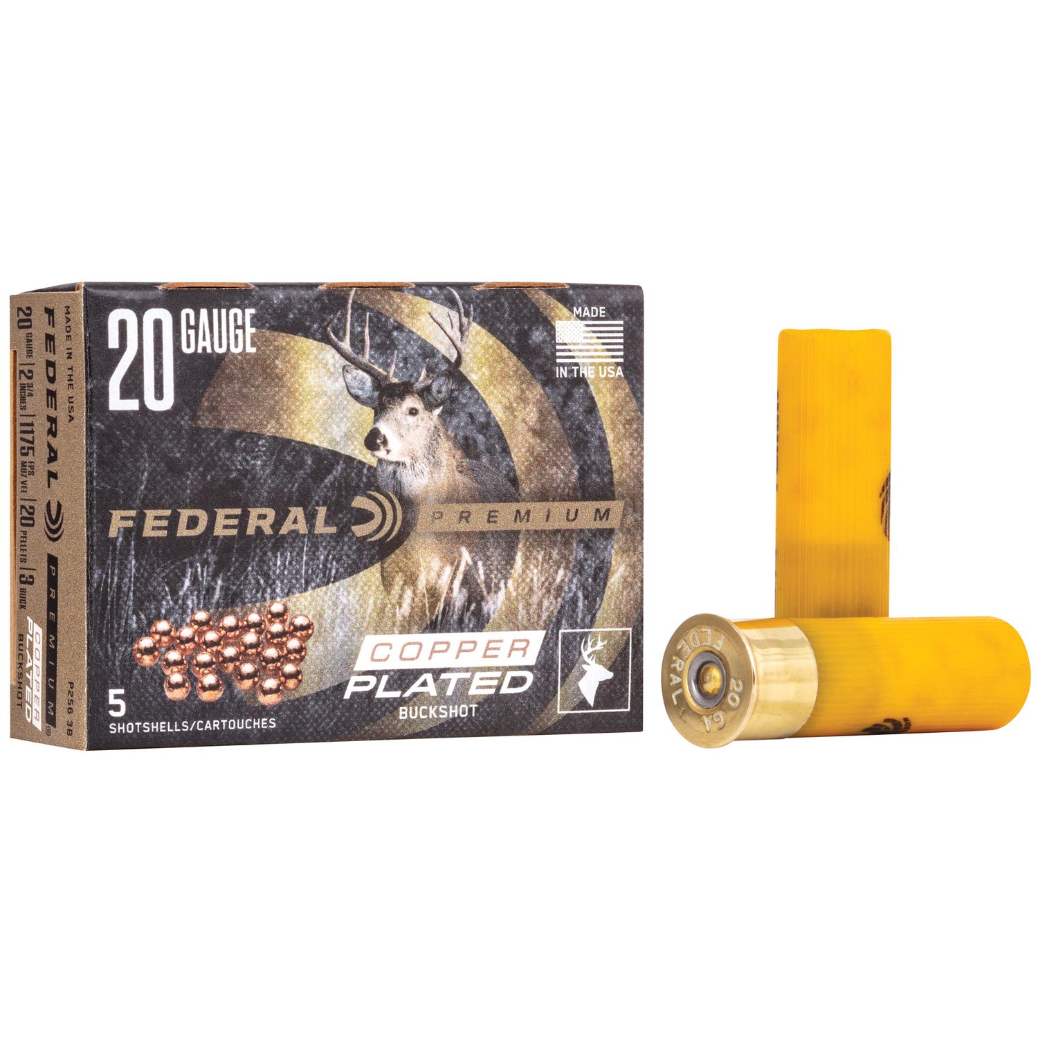 Federal Premium Vital-Shok P2563B, 20 Gauge, 2-3/4", 20 Pellets, 1100 fps, #3 Copper Plated Lead Buckshot, 5 Rd/bx