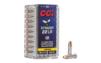 CCI Stinger Small Game/Varmint Rimfire Ammunition 0050, 22 Long Rifle, Hollow Point (HP), 32 GR, 1640 fps, 50 Rd/bx