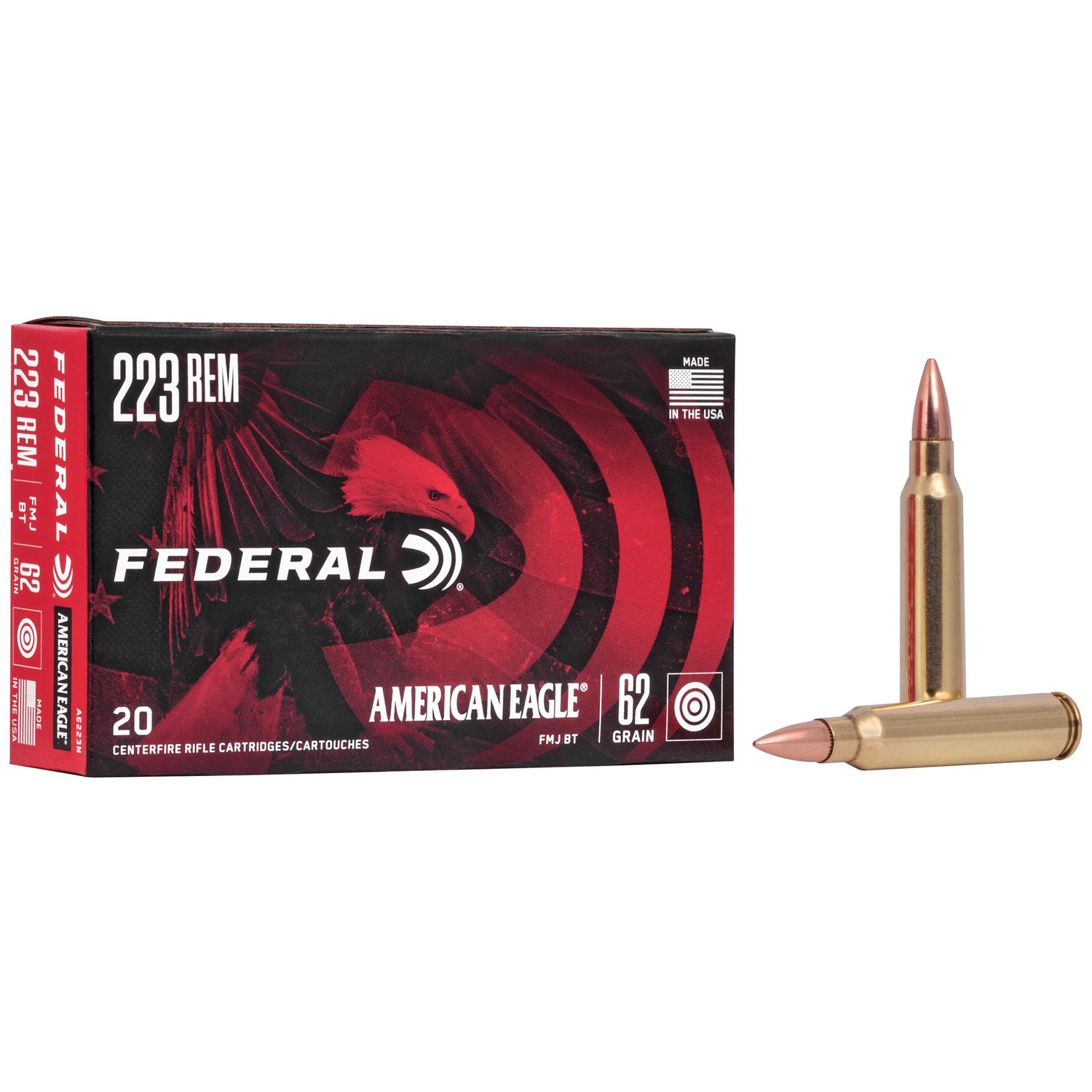 Federal American Eagle Rifle Ammunition AE223N, 223 Remington, Full Metal Jacket (FMJ), 62 GR, 3020 fps, 20 Rd/bx