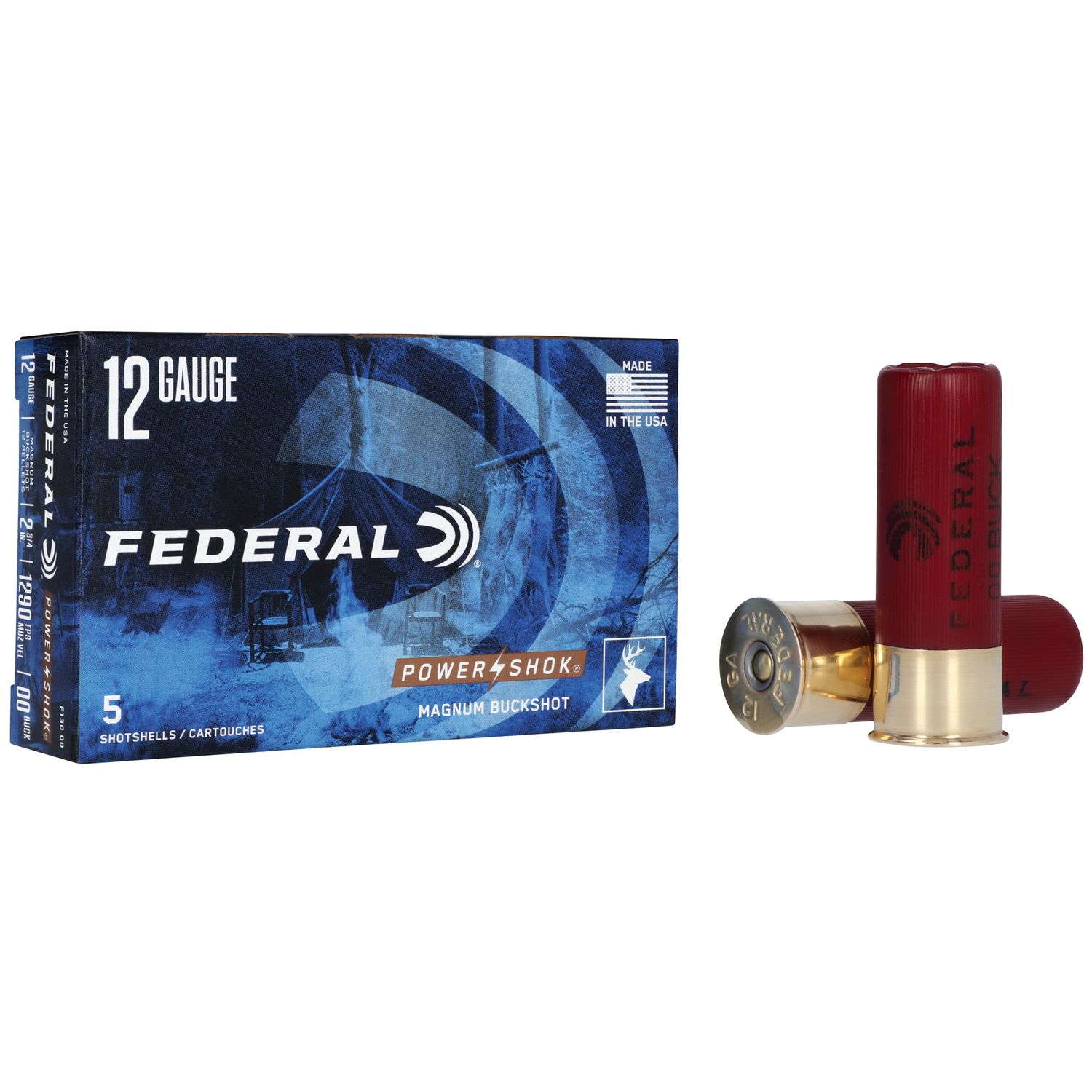 Federal Premium Power Shok F13000, 12 Gauge, 2-3/4", 12 Pellets, 1290 fps, #00 Lead Buckshot, 5 Rd/bx