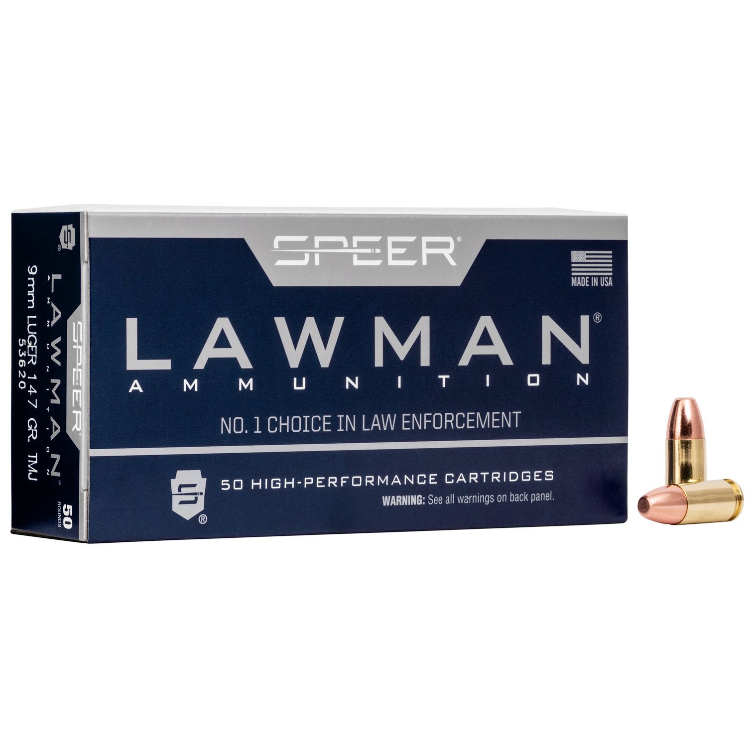 Speer Lawman Handgun Ammunition 53620, 9mm, Total Metal Jacket (TMJ), 147 GR, 985 fps, 50 Rd/bx