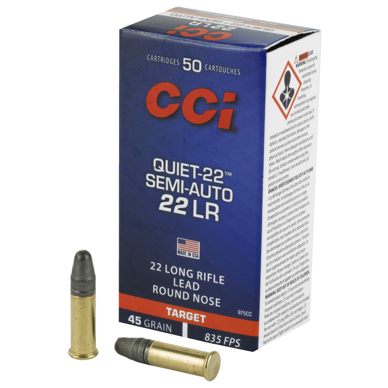 CCI Quiet-22 Semi-Auto Rimfire Ammunition 975CC, 22 Long Rifle, Lead  Round Nose (RN), 45 GR, 835 fps, 50 Rd/bx