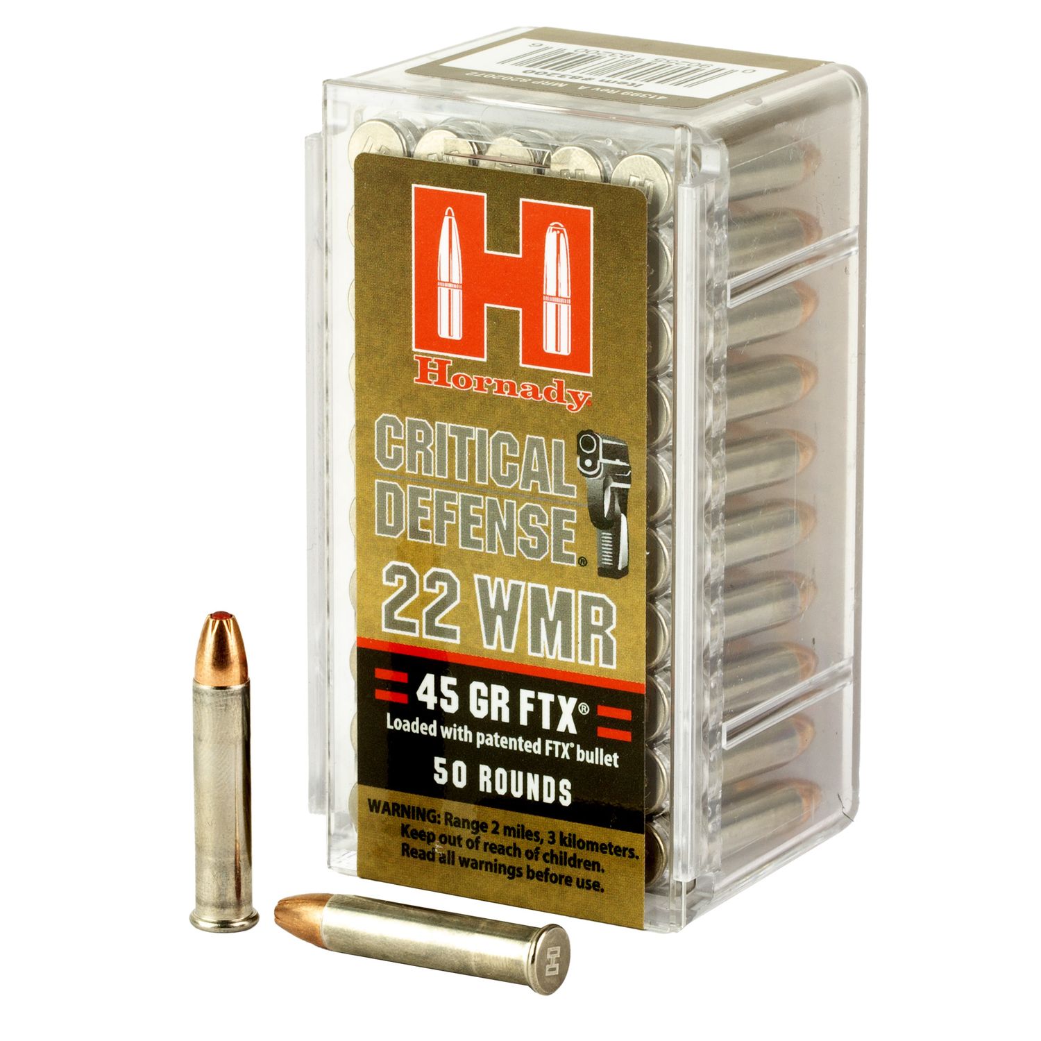 Hornady Critical Defense Rifle Ammunition 83200, 22 Magnum (WMR),  Flex Tip eXpanding (FTX), 45 GR, 1700 fps, 50 Rd/bx