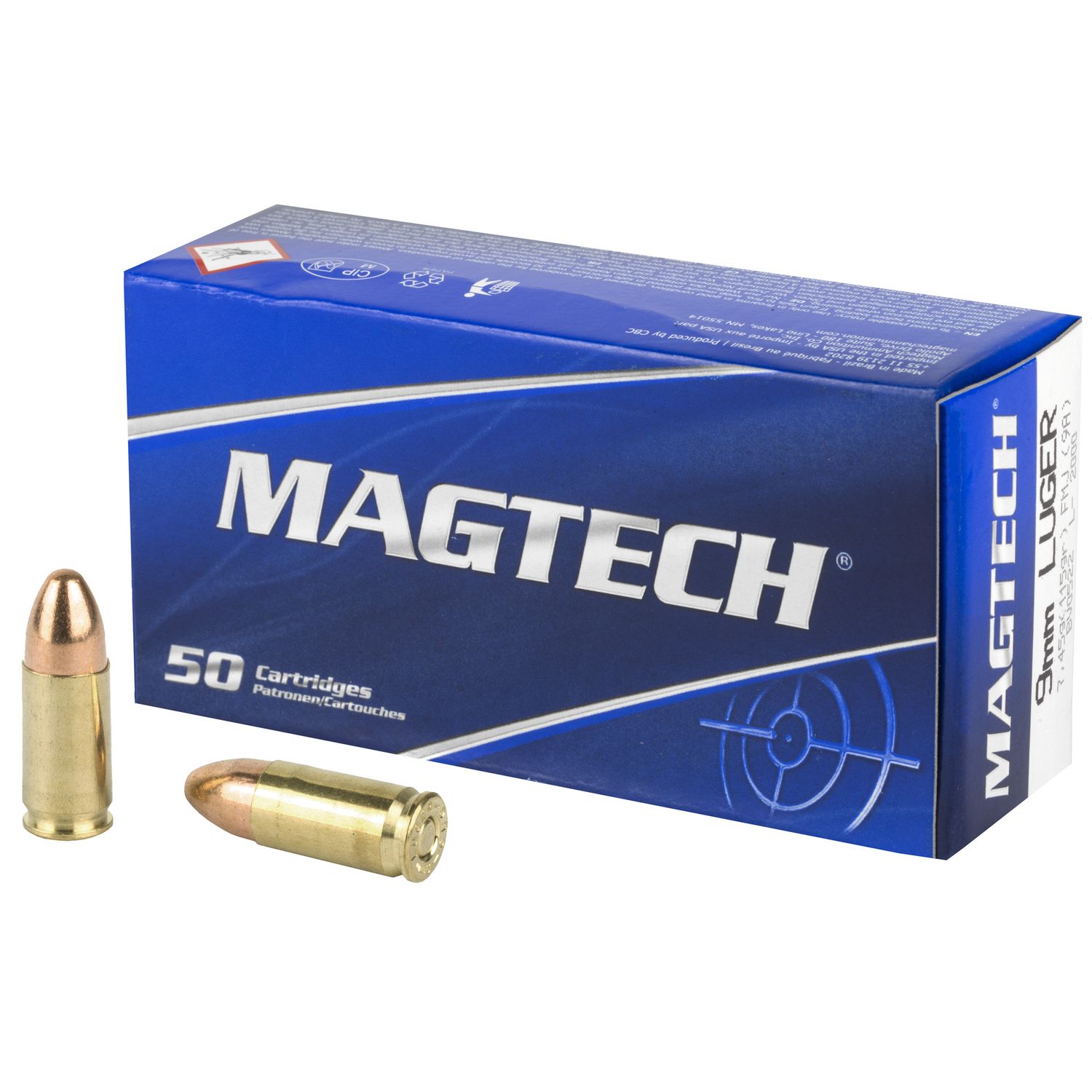 Magtech Sport HuntingPistol Ammunition 9A, 9mm, Full Metal Jacket (FMJ), 115 GR, 1135 fps, 50 Rd/bx