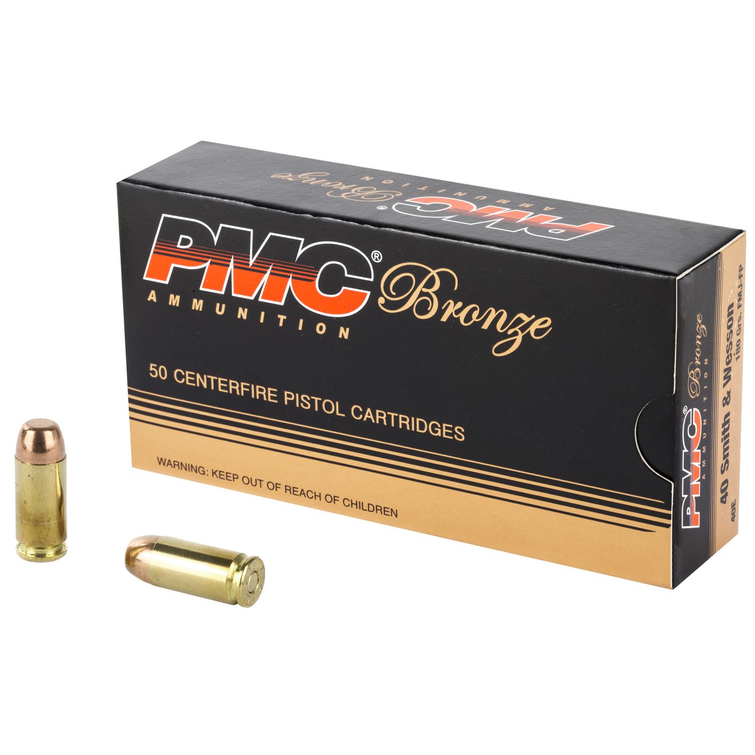 PMC Bronze Line Pistol Ammunition 40E, 40 S&W, Full Metal Jacket Flat Point, 180 GR, 985 fps, 50 Rd/bx