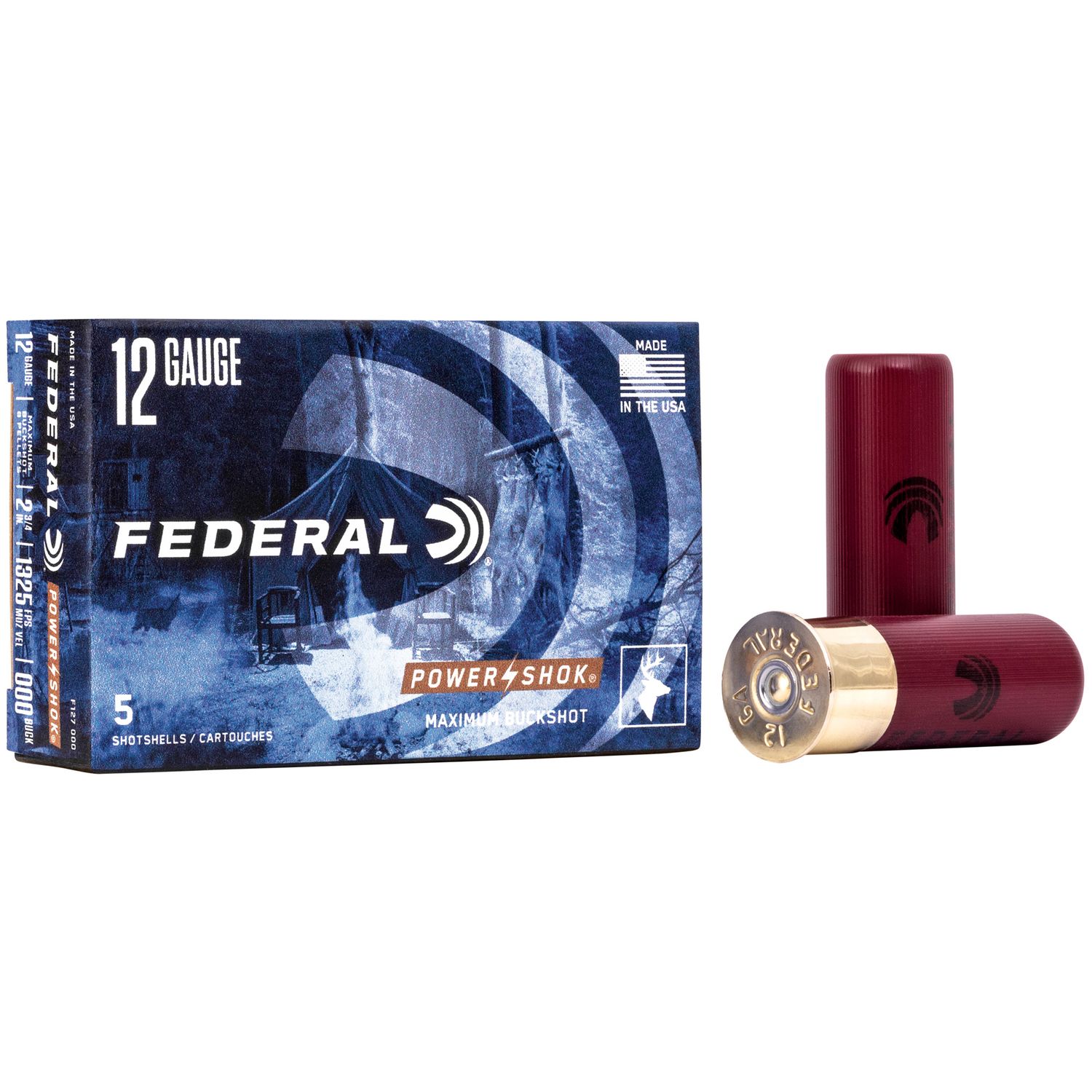 Federal Premium Power Shok F127000, 12 Gauge, 2-3/4", 8 Pellets, 1325 fps, #000 Lead Buckshot, 5 Rd/bx