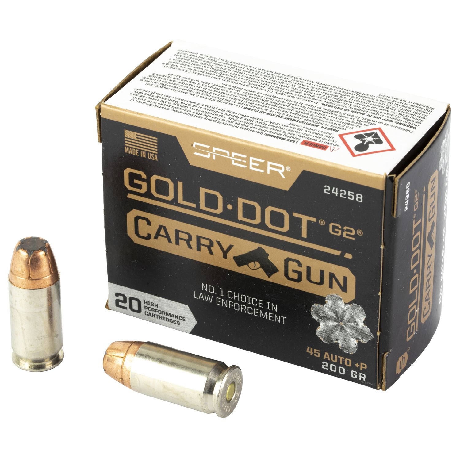 Speer Gold Dot Ammunition 24258, 45 ACP, Hollow Point (HP), 200 gr, 20 Rd/Bx