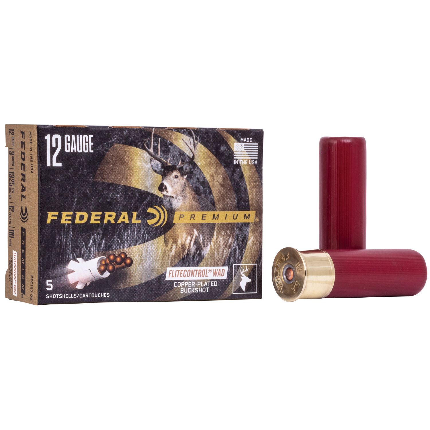 Federal Premium Vital-Shok PFC15700, 12 Gauge, 3", 12 Pellets w/Flitecontrol Wad, 1325 fps, #00 Copper Plated Lead Buckshot, 5 Rd/bx