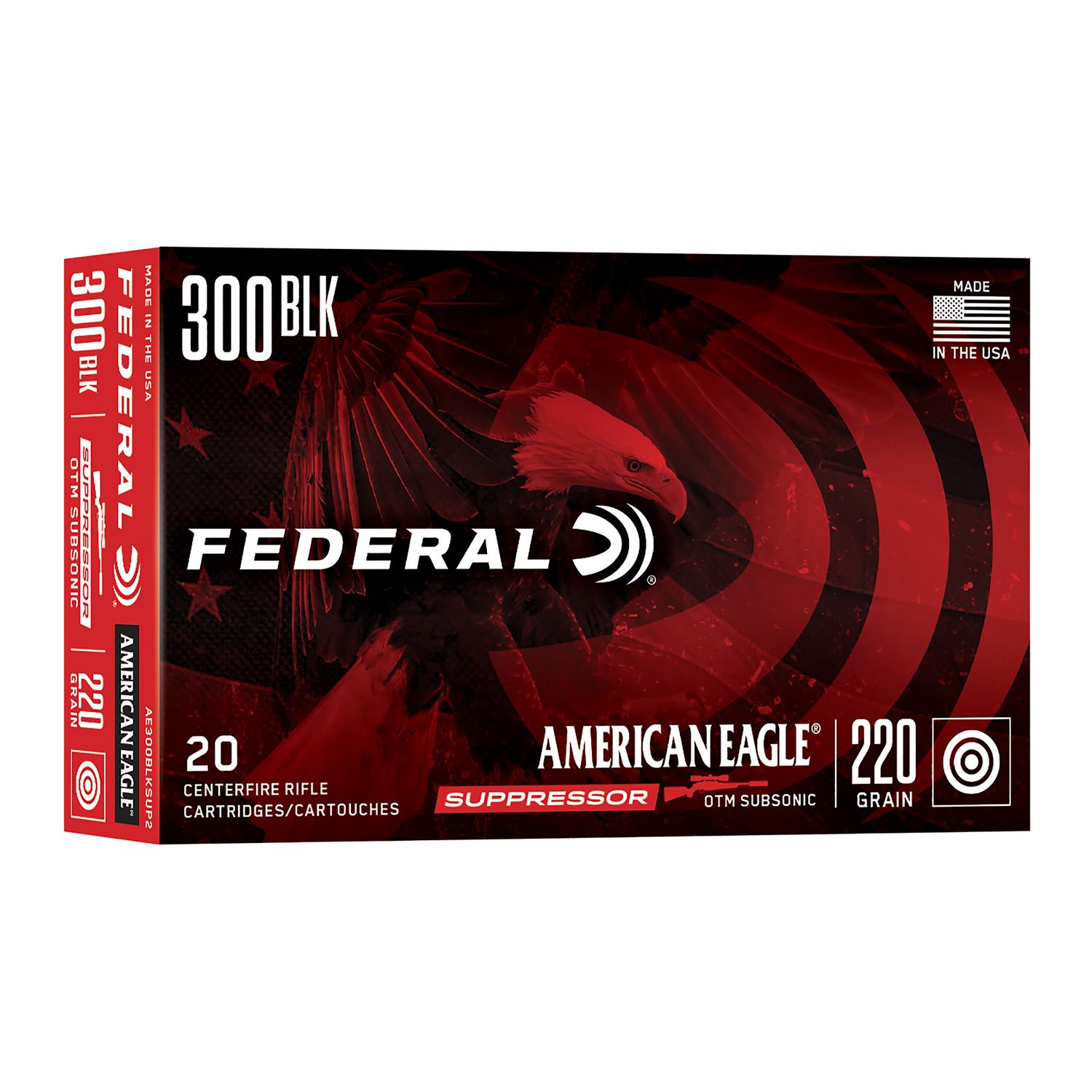 Federal American Eagle Subsonic Rifle Ammo AE300BLKSUP2, 300 AAC Blackout, Open Tip Match, 220 GR, 1000 fps, 20 Rd/bx