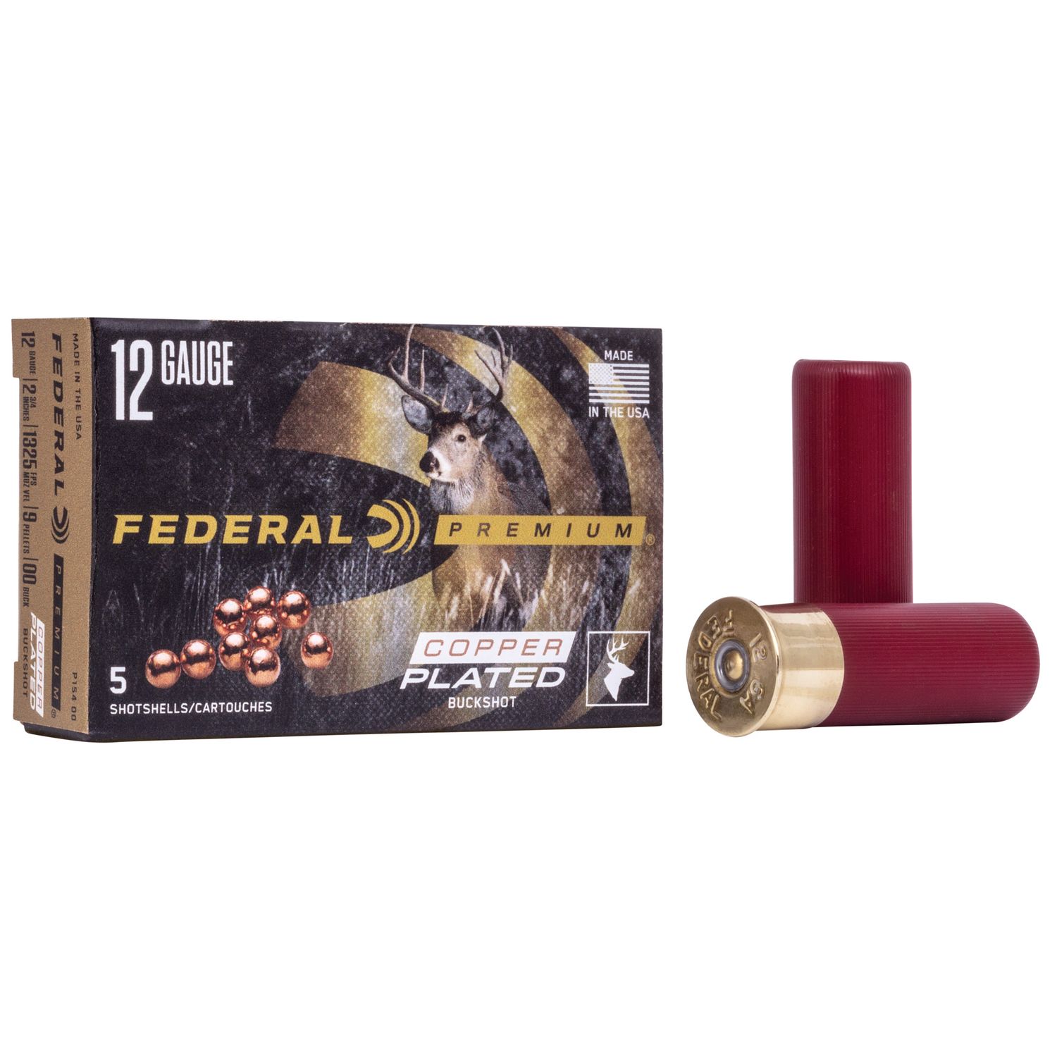 Federal Premium Vital-Shok P154, 12 Gauge, 2-3/4", 9 Pellets, 1325 fps, #00 Copper Plated Lead Buckshot, 5 Rd/bx