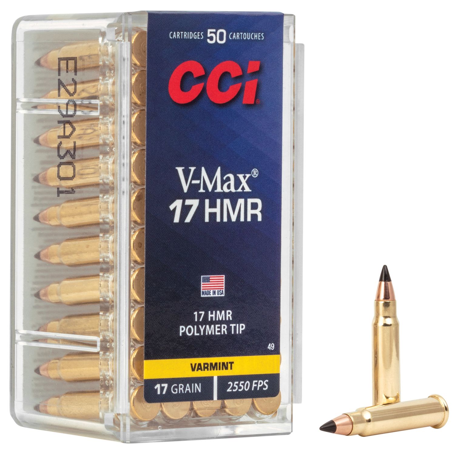 CCI V-Max Varmint Rimfire Ammunition 0049, 17 HMR, V-Max, 17 GR, 2550 fps, 50 Rd/bx