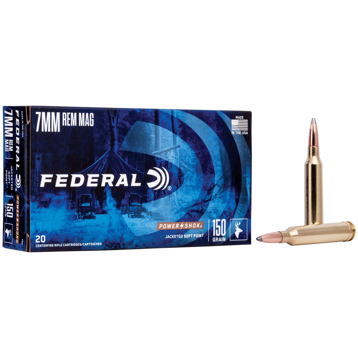 Federal Premium Power Shok Rifle Ammunition 7RA, 7 mm Remington Mag, Soft Point (SP), 150 GR, 3110 fps, 20 Rd/bx