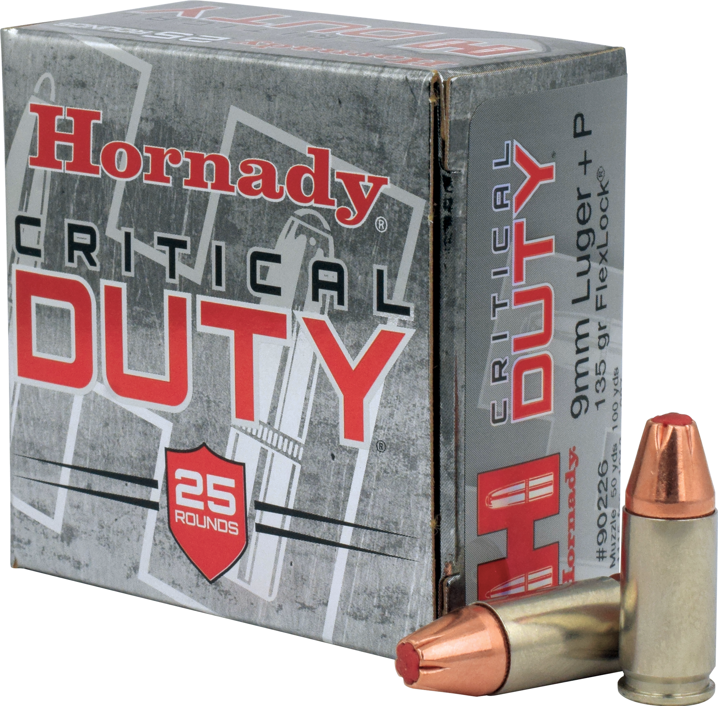 Hornady Critical Duty Pistol Ammunition 90226, 9mm +P, FlexLock, 135 GR, 1110 fps, 25 Rd/bx