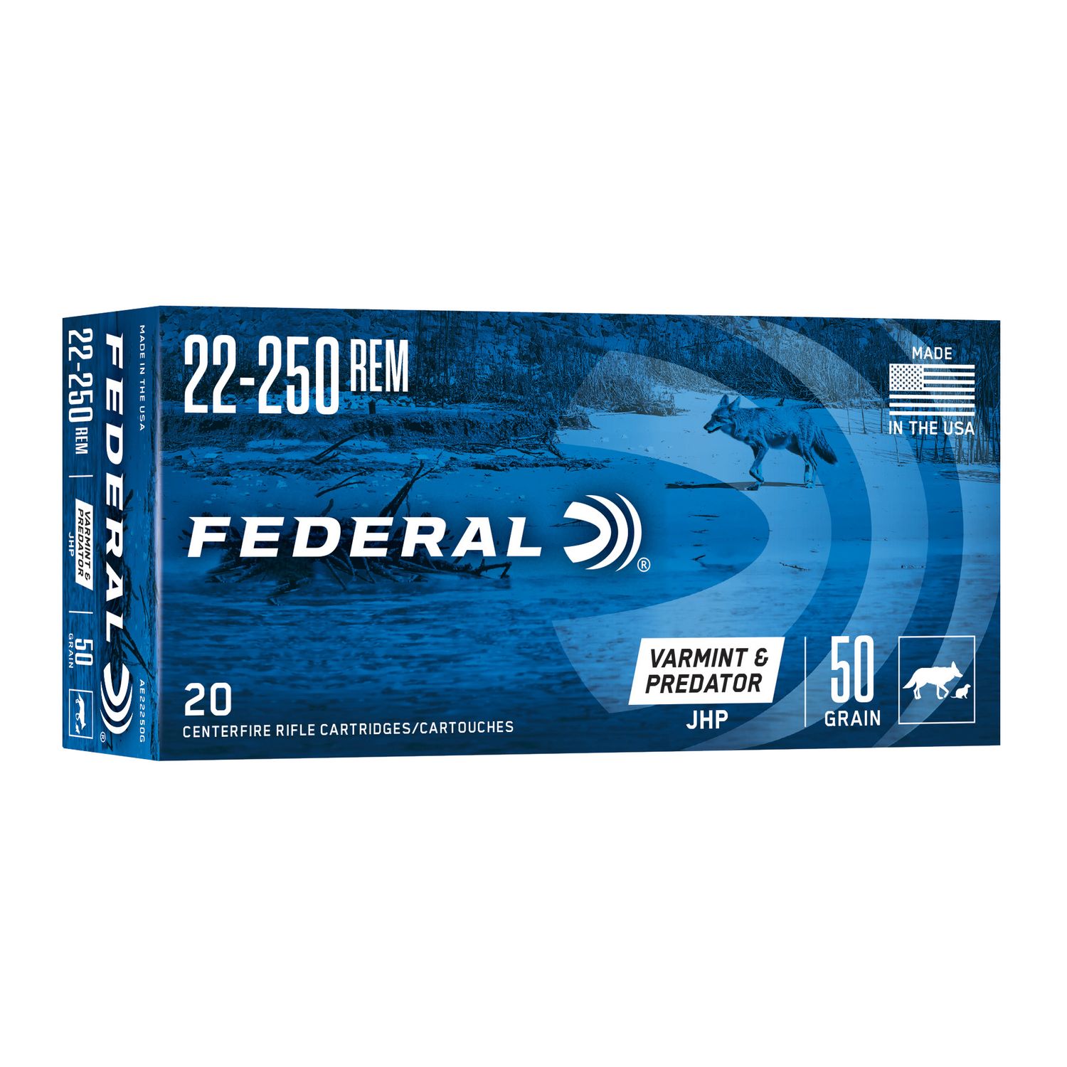 Federal American Eagle Rifle Ammunition AE22250G, 22-250 Remington, Jacketed Hollow Point (HP), 50 GR, 3850 fps, 20 Rd/bx