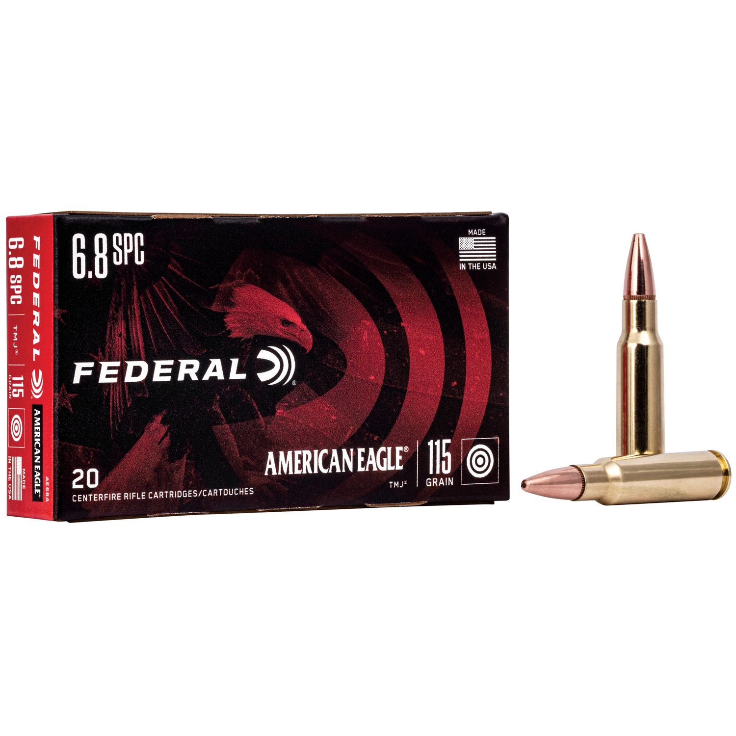 Federal American Eagle Rifle Ammuntion AE68A, 6.8mm Remington, Full Metal Jacket (FMJ), 115 GR, 2675 fps, 20 Rd/bx