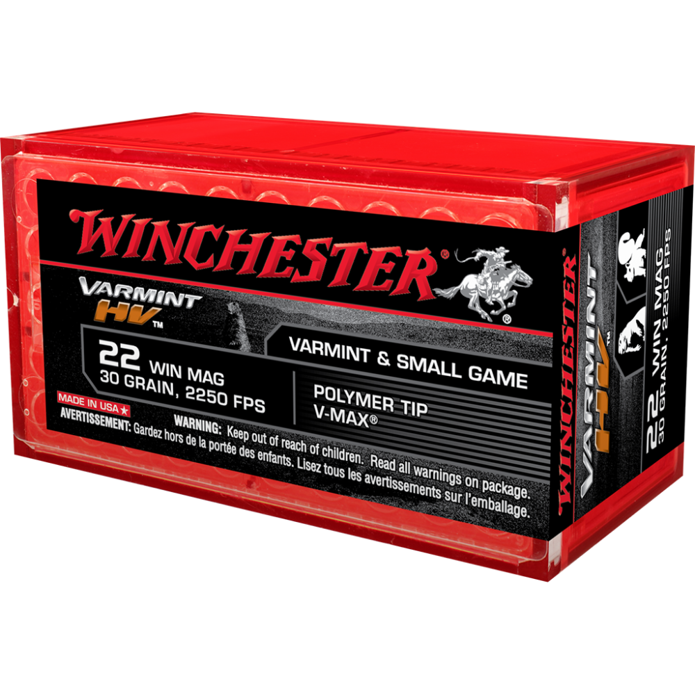 Winchester High Velocity Rimfire Ammunition S22M2PT, 22 Magnum (WMR), V-Max, 30 GR, 2250 fps, 50 Rd/bx