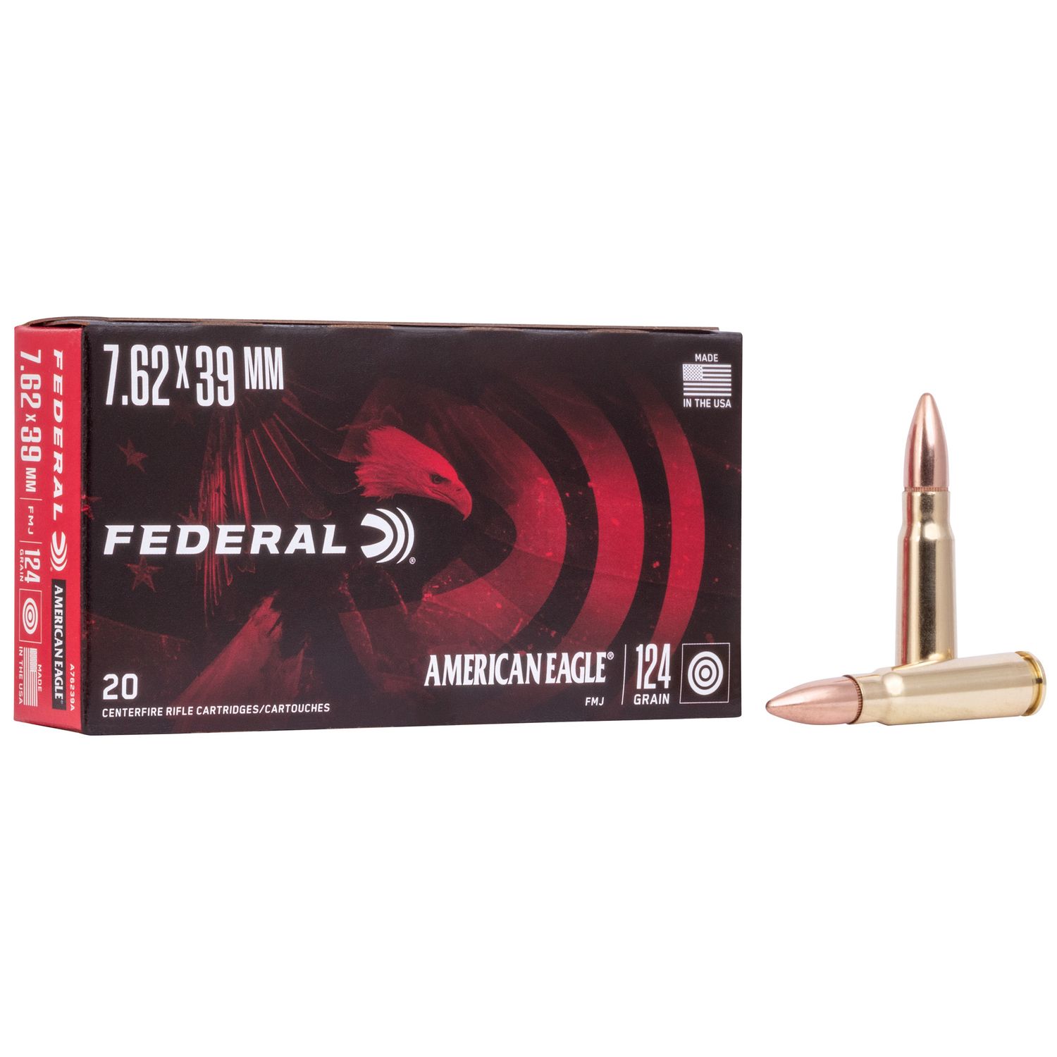 Federal American Eagle Rifle Ammunition A76239A, 7.62 mm X 39 mm, Metal Case (MC), 124 GR, 2300 fps, 20 Rd/bx