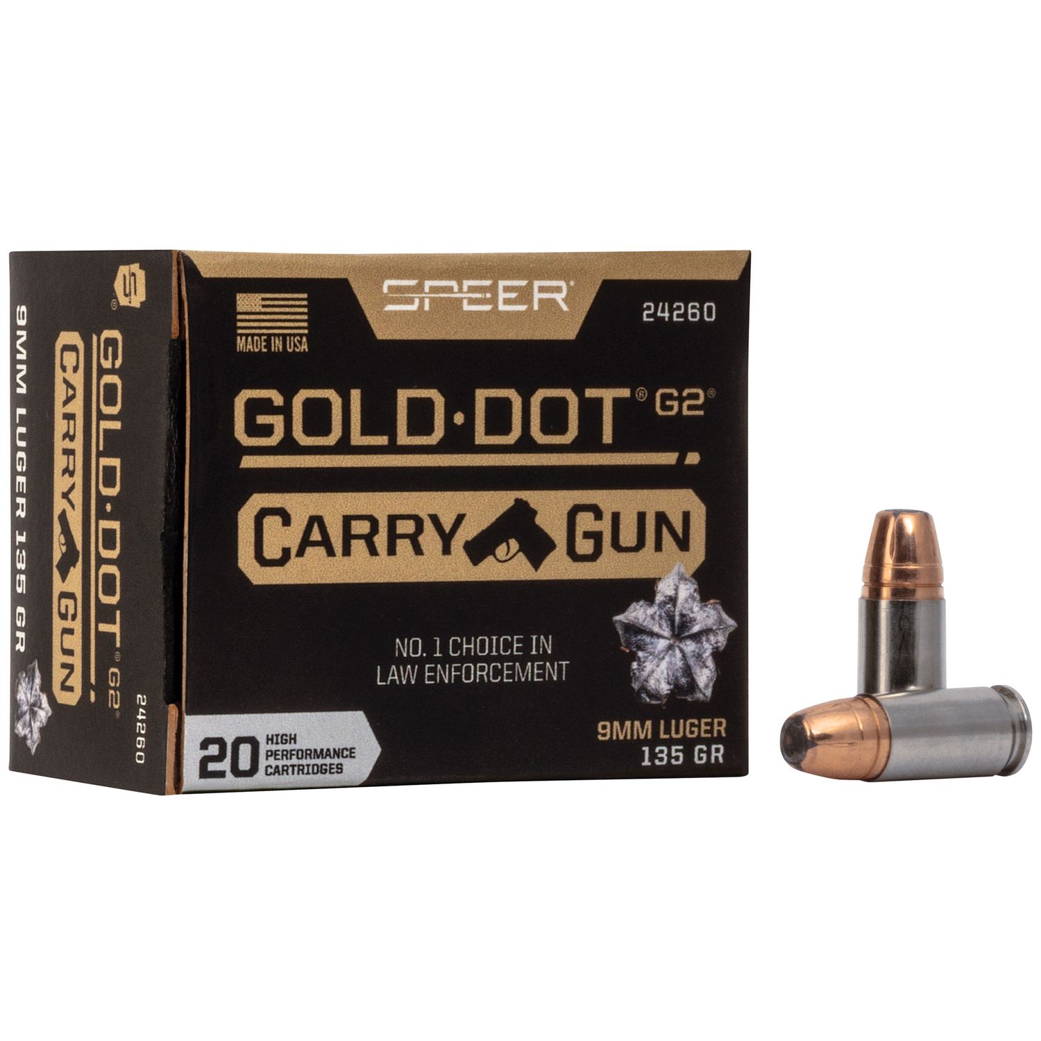 Speer Gold Dot G2 Carry Gun Handgun Ammunition 24260, 9MM, Gold Dot HP,  135 GR, 20 Rd/bx