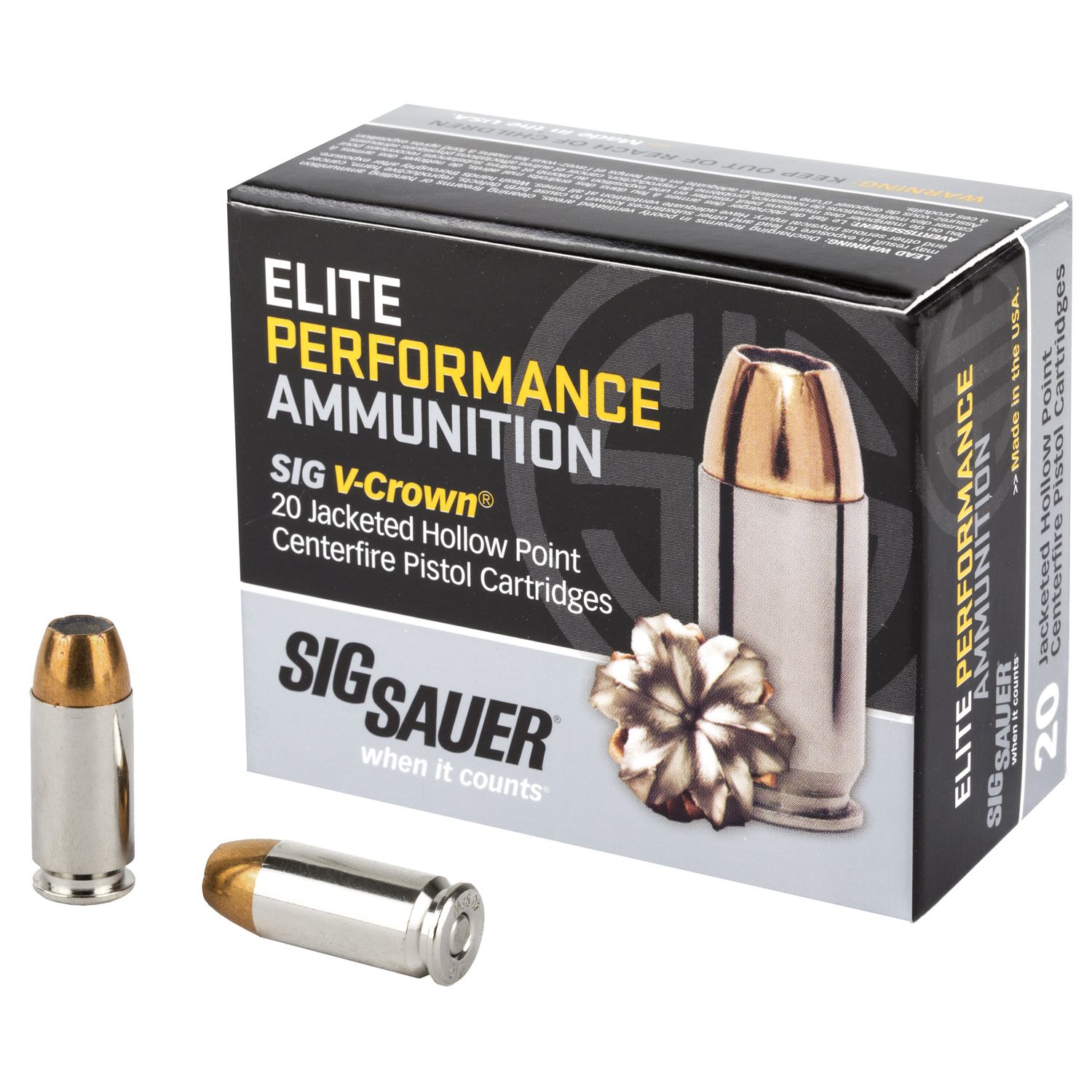 Sig Sauer Elite Performance Pistol Ammunition E40SW1, 40 S&W, JHP V-Crown, 165 GR, 1090 fps, 20 Rd/bx